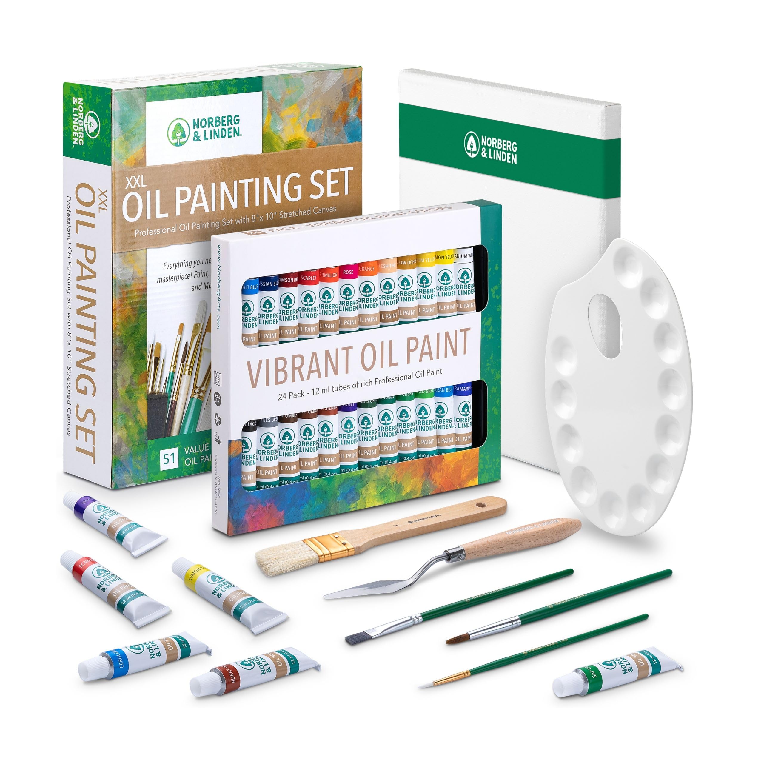 XXL Oil Paint Set - 24 Premium Oil Paints, 25 Professional Brushes, 1 Stretched Canvas & Artist Palette - Complete Oil Painting Kit for Beginners, Kids & Adults - Perfect for Art Classes, Home Decor & DIY Projects