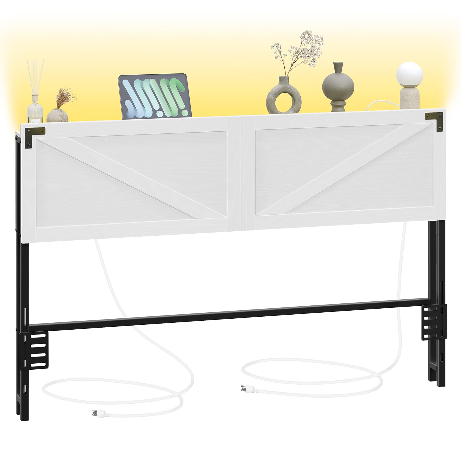 Queen Size Headboard with 2 Outlets & 4 USB Ports - Farmhouse Style LED Headboard with Secure Storage & Bed Frame Adapter - White & Black - Perfect for Bedroom Upgrade & Modern Farmhouse Decor