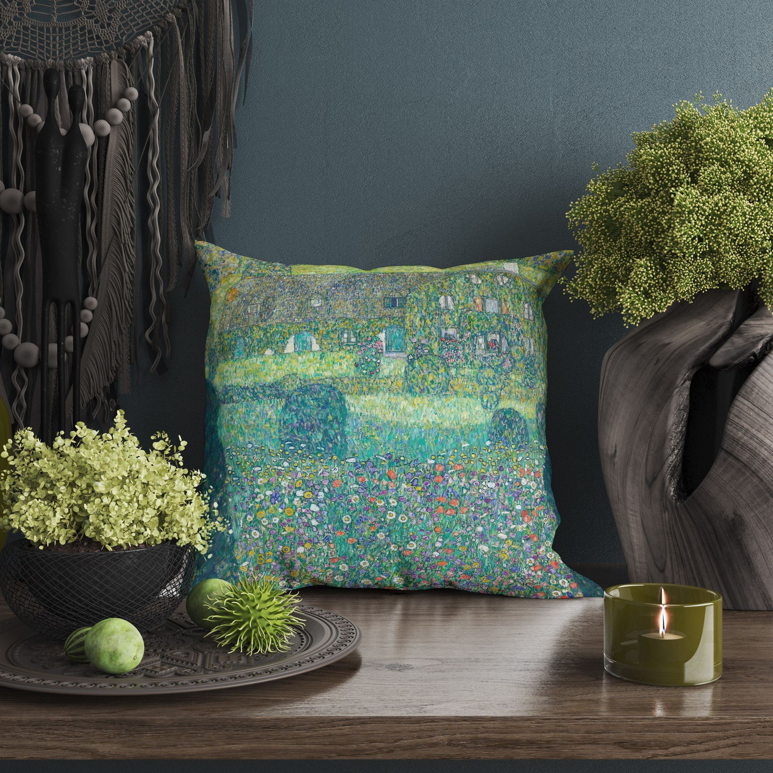 Gustav Klimt Famous Art 'Forester's Lodge in Weissenbach' Abstract Pillow Case - Soft Modern Green Decorative Throw Pillow Cover for Living Room, Bedroom & Sofa