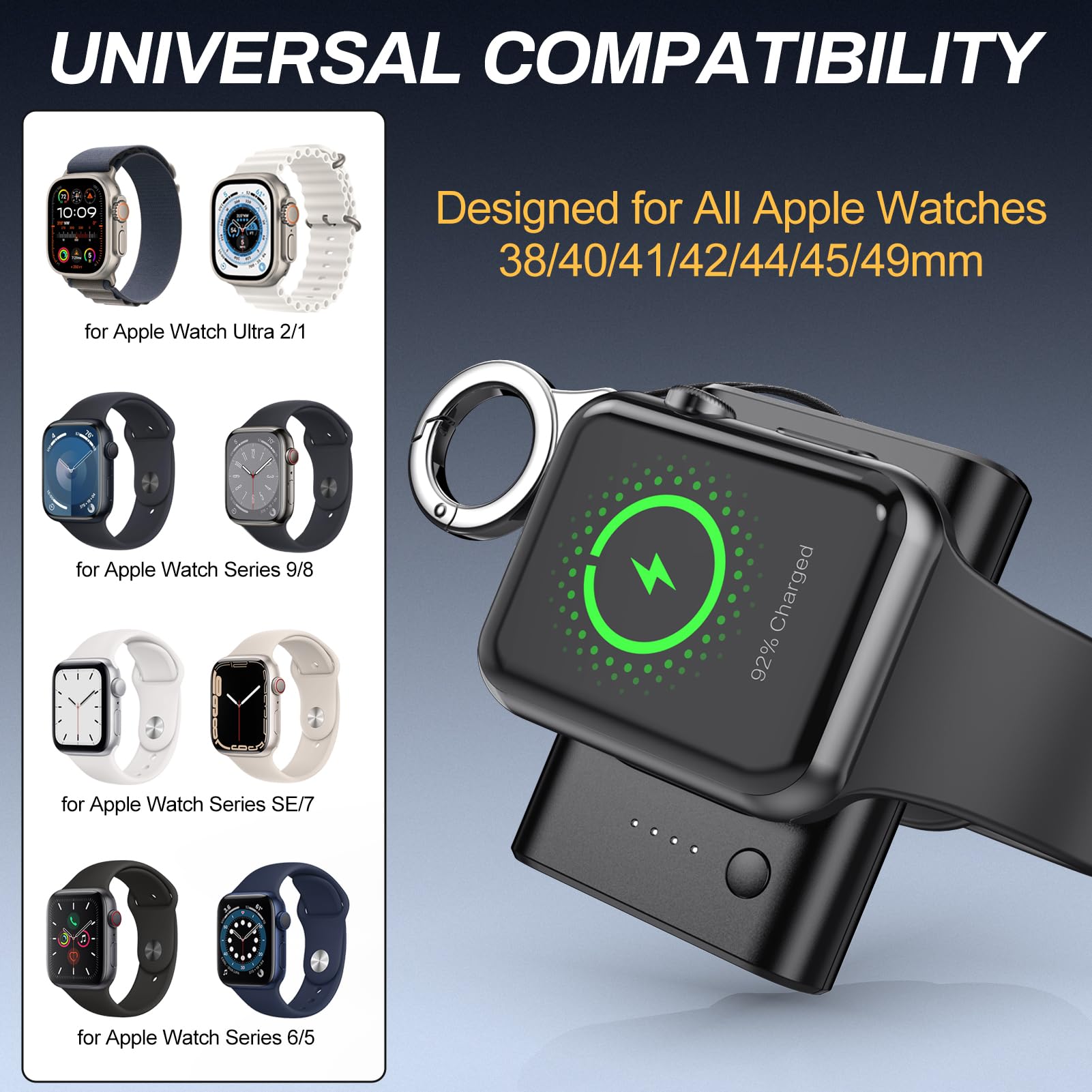 Portable Magnetic Wireless Charger for Apple Watch Ultra 2/9/Ultra/8/7/6/SE/5 - 1800mAh Travel Power Bank with Keychain | Perfect for Gym, Travel & Everyday Use