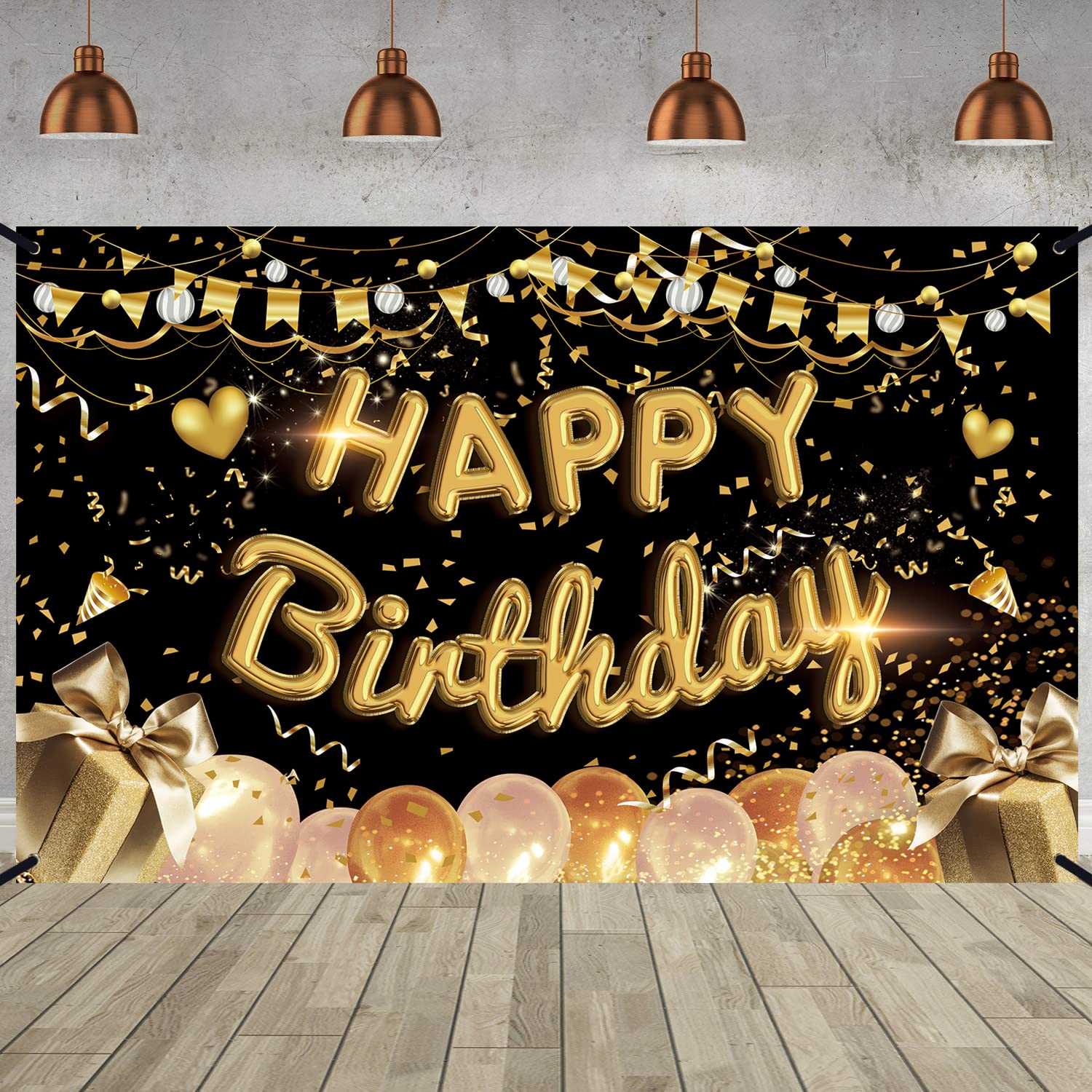 Extra Large Happy Birthday Backdrop Banner - 71 x 43.3 Inch Black Gold Fabric Sign for Photo Booth, Party Decorations | Perfect for Men & Women Birthday, Anniversary Celebrations | Great Gift Idea for Party Supplies