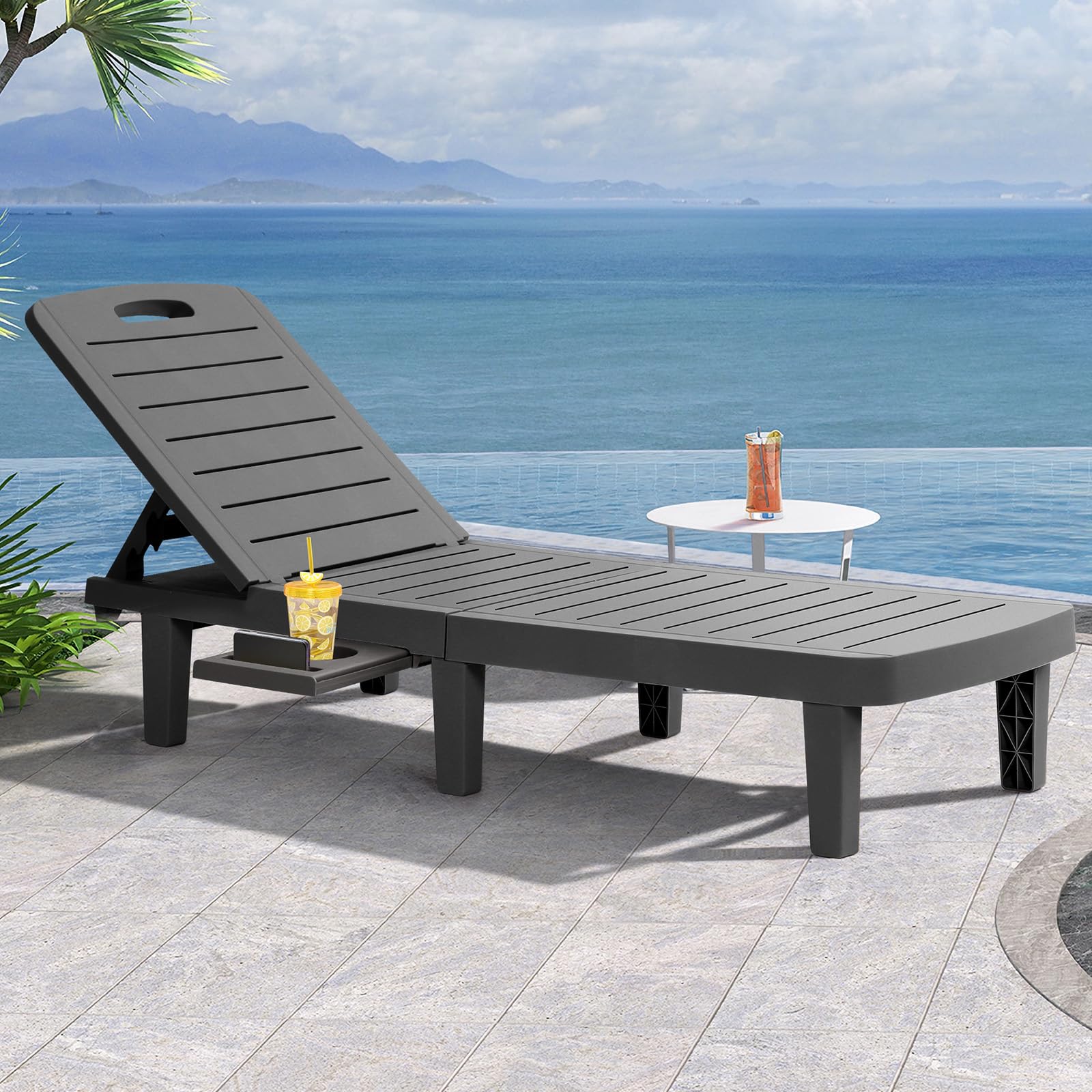 **Waterproof Resin Chaise Lounge Outdoor - Adjustable 5-Position Recliner Chair for Patio, Poolside, Beach & Yard - All-Weather Durable Black Lounge Chair (1PCS) - Perfect for Sunbathing, Relaxing & Outdoor Lounging**