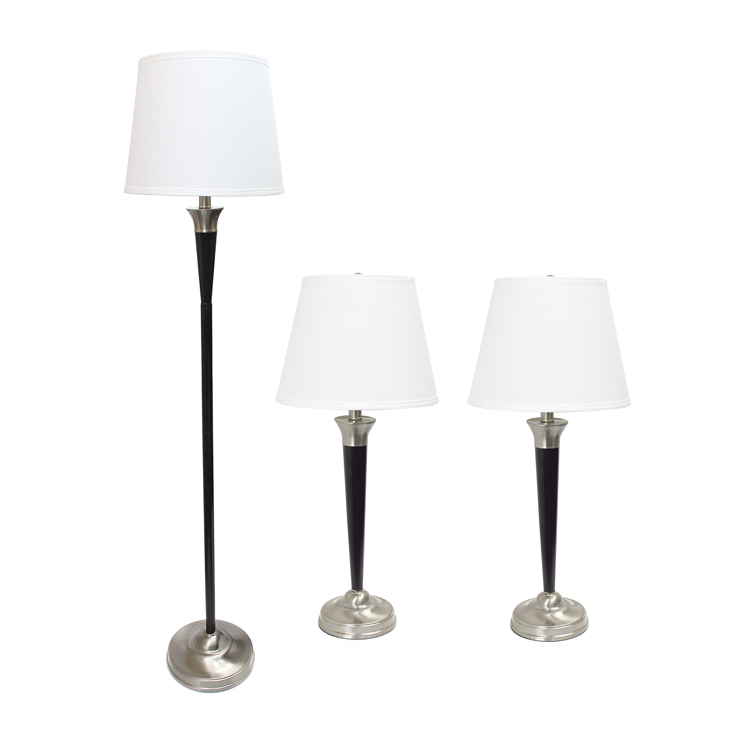 Elegant LC1018-MBC Malbec Black & Brushed Nickel 3-Piece Lamp Set (2 Table Lamps + 1 Floor Lamp) with White Fabric Shades - Modern Lighting for Living Room, Bedroom & Office Decor