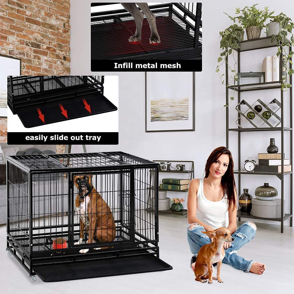 36 Inch Heavy Duty Dog Crate for Large Dogs - Indoor/Outdoor Pet Kennel with Double Doors, Secure Locks & Removable Plastic Tray | Perfect for Training, Travel & Home Use