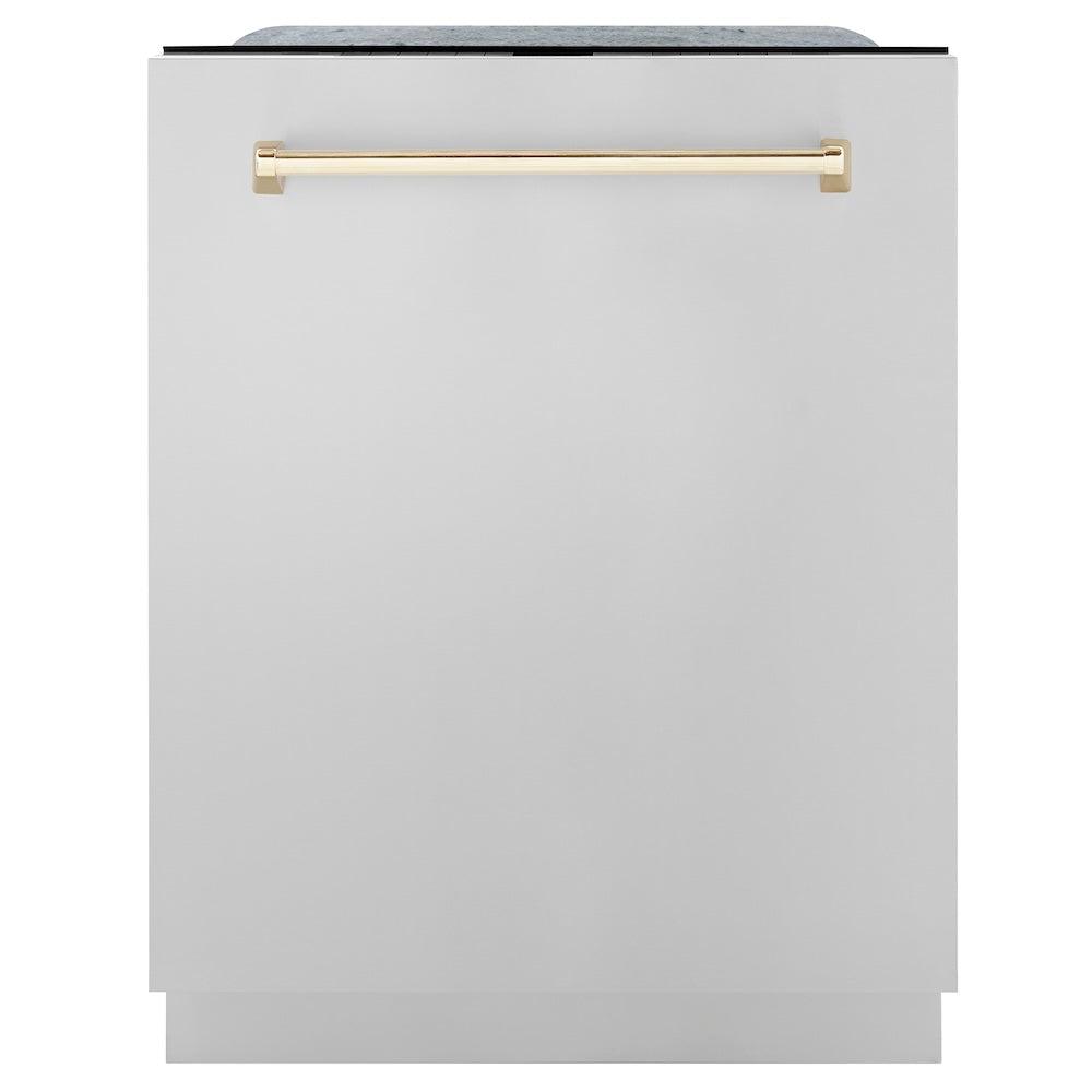 ZLINE Autograph Edition 24-inch Stainless Steel Dishwasher with Polished Gold Handle - 3rd Rack, Top Touch Controls, 45dBa Ultra Quiet (DWMTZ 304 24 G) - Perfect for Modern Kitchens, Open Concept Homes & Luxury Apartments