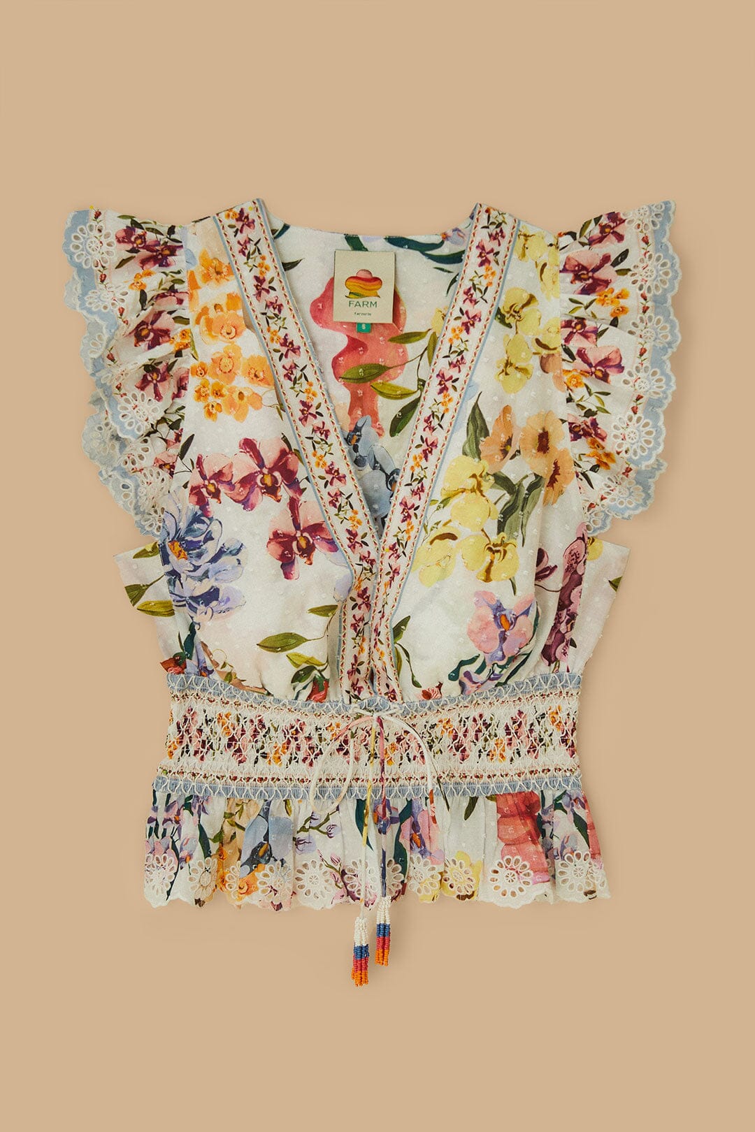 Farm Rio Greek Garden Smocked Blouse - Floral Print Women's Top for Summer, Beach & Vacation Outfits | Boho Chic Style Blouse for Casual Wear & Date Nights