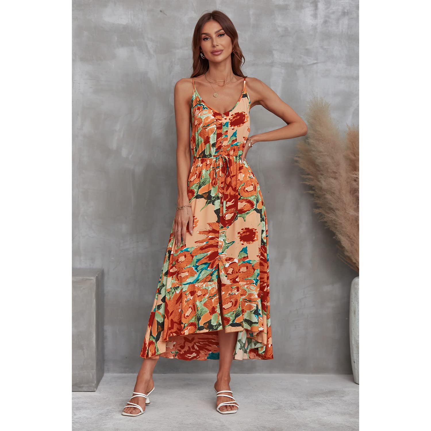 BROVAVE Women's 2025 Summer Boho Flowy Midi Dress - Polka Dot Print, Spaghetti Straps, V-Neck - Casual Beach Sundress for Vacation, Party & Outdoor Date