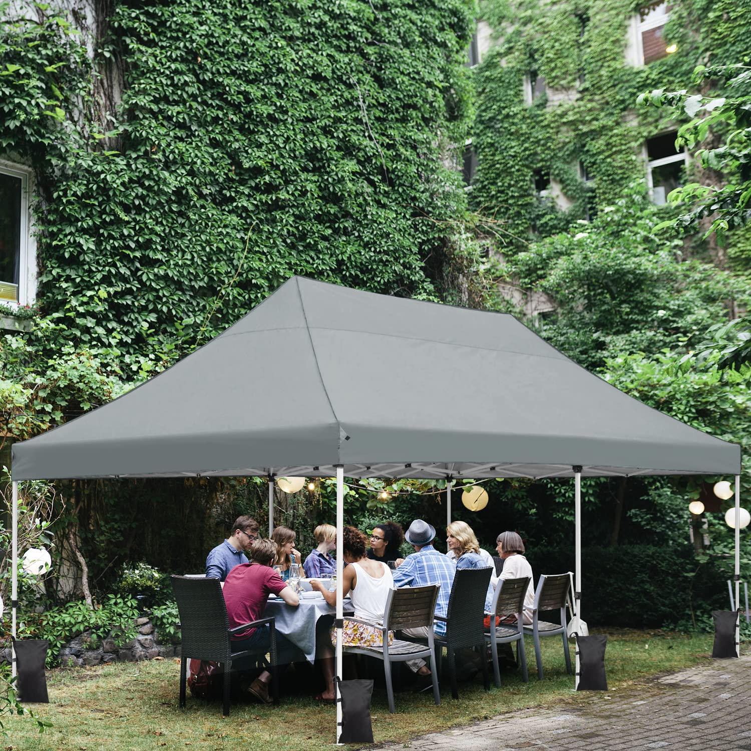 10x20 Pop Up Canopy Tent - Instant Shade Outdoor Shelter with Waterproof Adjustable Roof, Includes Roller Bag, 8 Stakes, 6 Sand Bags & 4 Ropes - Perfect for Beach Parties, Camping, Backyard BBQs and Outdoor Events