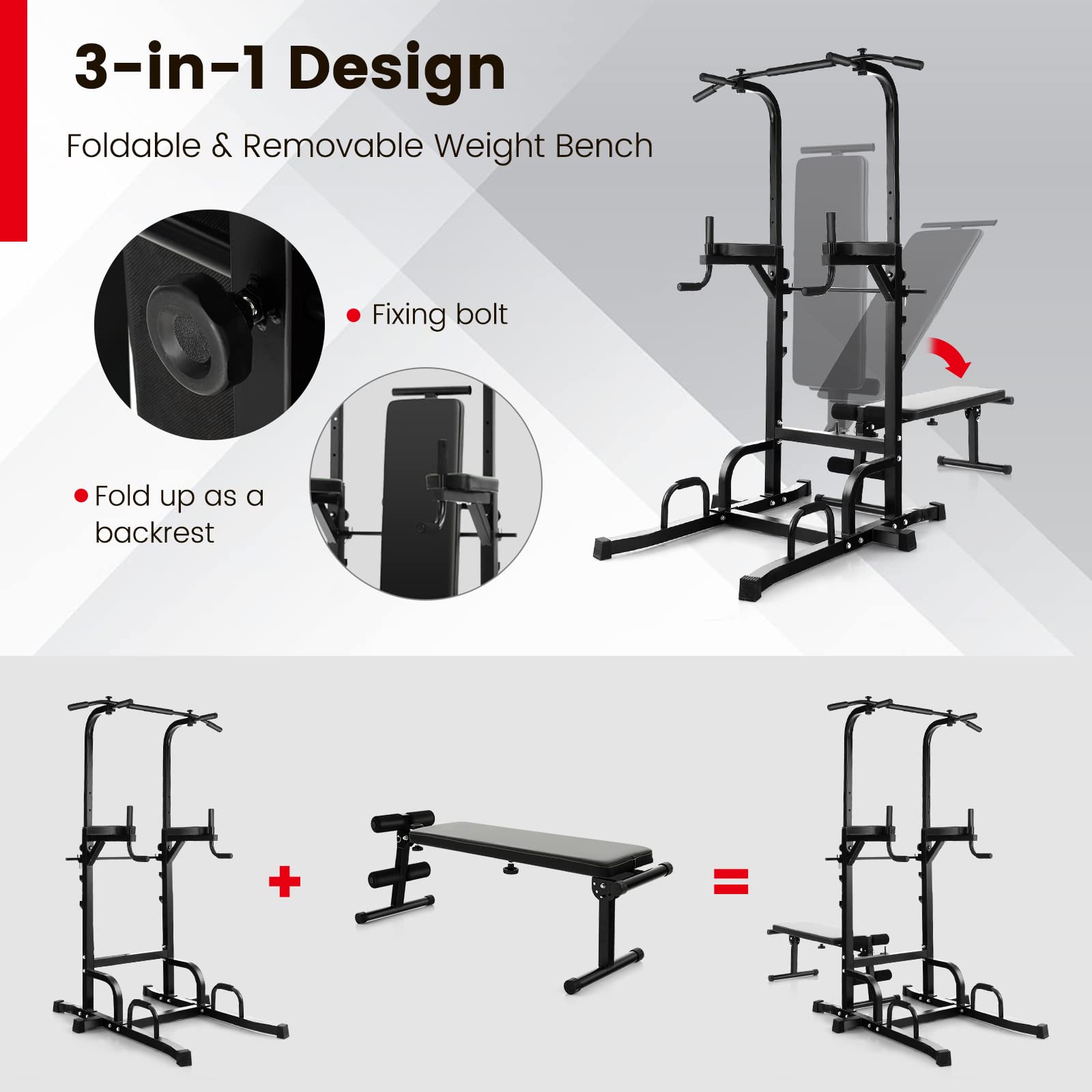 GYMAX Adjustable Height Power Tower with Bench & Pull Up Bar - Foldable Heavy Duty Full Body Strength Training Equipment for Home Gym - Perfect for Chin Ups, Dips, and Full-Body Workouts at Home