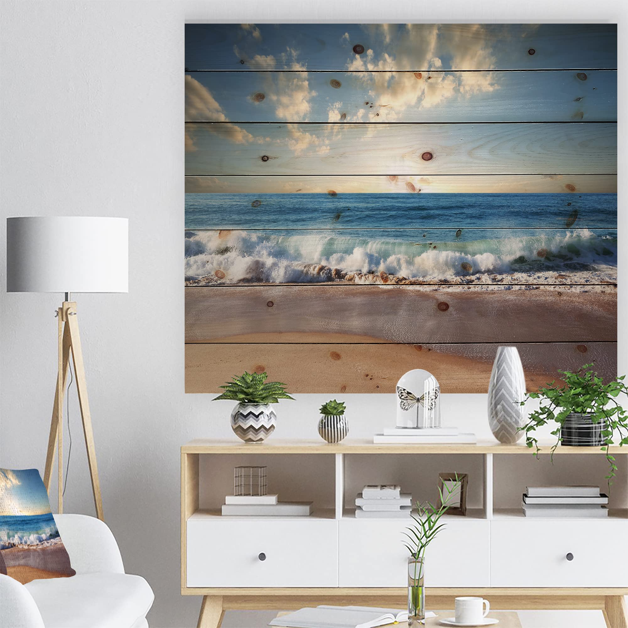 DesignQ Sea Sunset Nautical Coastal Wood Wall Art - Blue Beach Decor Large Pine Wood Wall Panels for Living Room, Bedroom & Coastal Home Decor