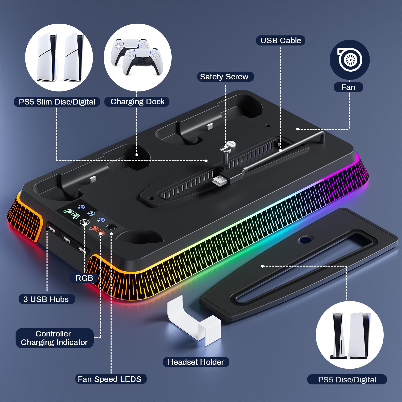 PS5 Cooling Stand with Turbo Fan & Dual Charging Station - RGB Vertical Stand with 3-Speed Cooling, Headset Holder for PlayStation 5 Accessories (Black) - Perfect for Gaming Marathons & Console Protection