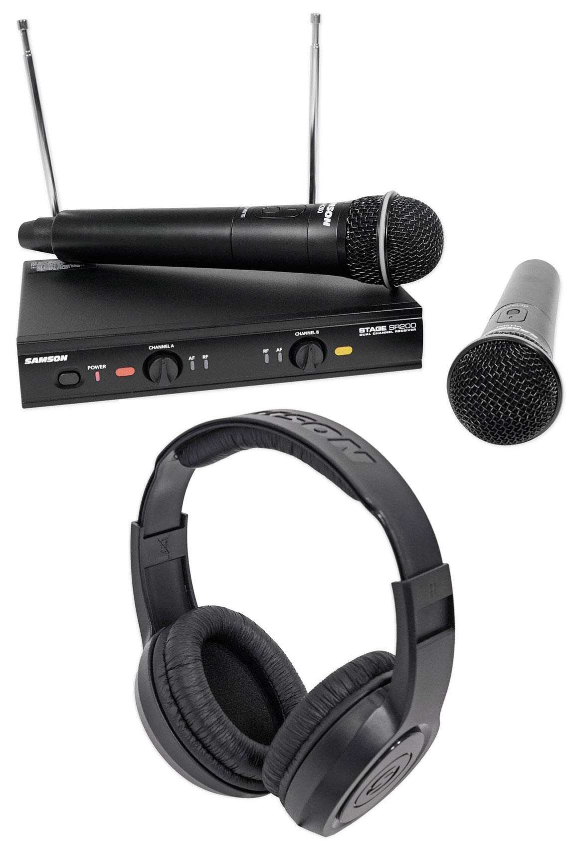 Professional SAMSON Stage 200 Dual VHF Handheld Wireless Microphone System with Headphones - C Band Frequency for Live Performances, Karaoke, and Stage Shows