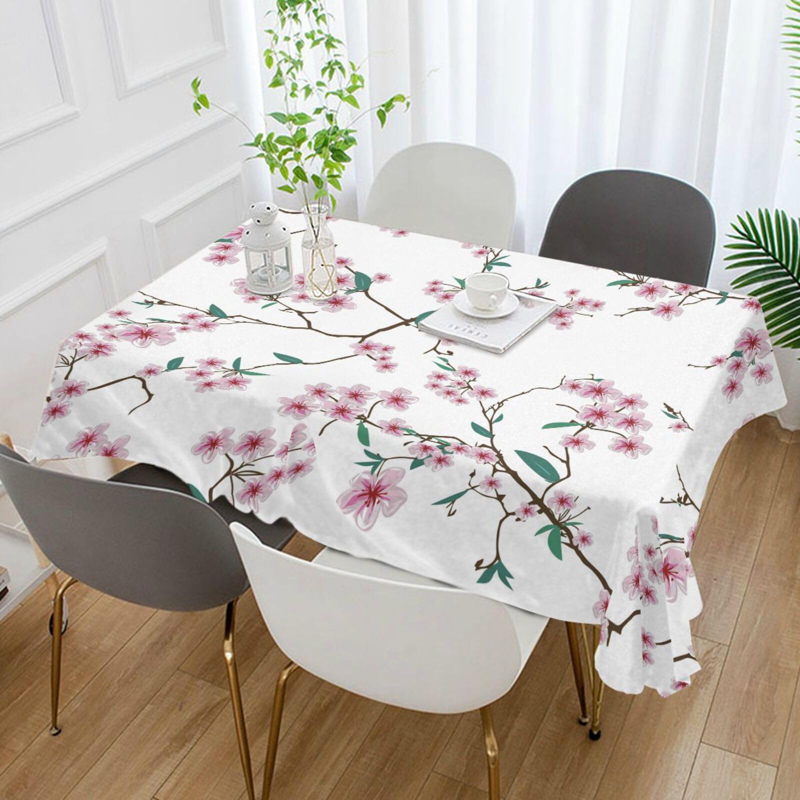 Elegant Pink and Green Cherry Blossom Square Tablecloth - 54 Inch Polyester Table Cover for Dinner Party, Wedding, Spring Decor & Home Dining Decorations
