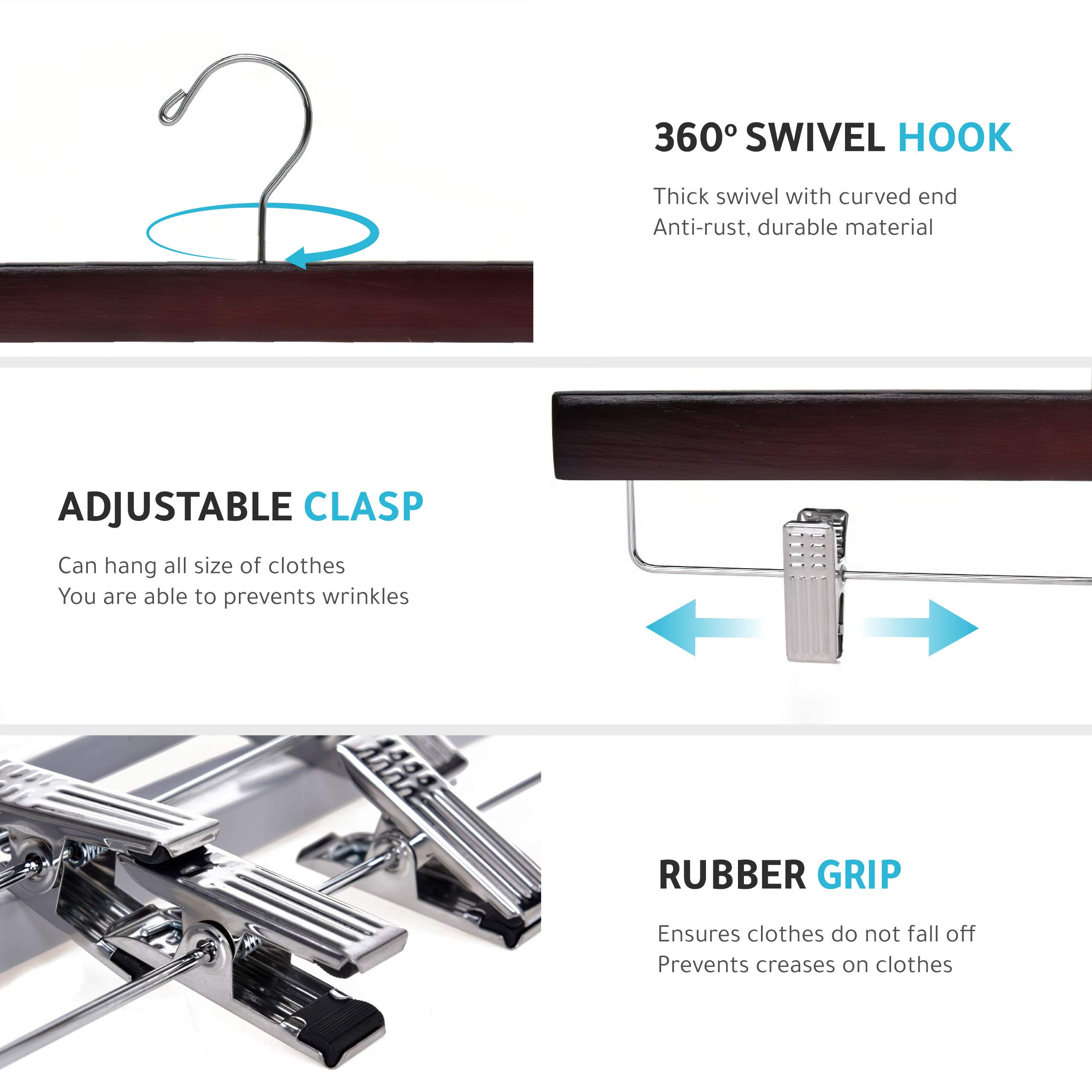 Premium 100-Pack Wooden Clothes Hangers with Swivel Hooks & Adjustable Clips - Heavy Duty Mahogany Pants, Skirt, Shorts & Slack Hangers for Wardrobe Organization - Perfect for Closet Storage, Retail Stores & Laundry Room Use