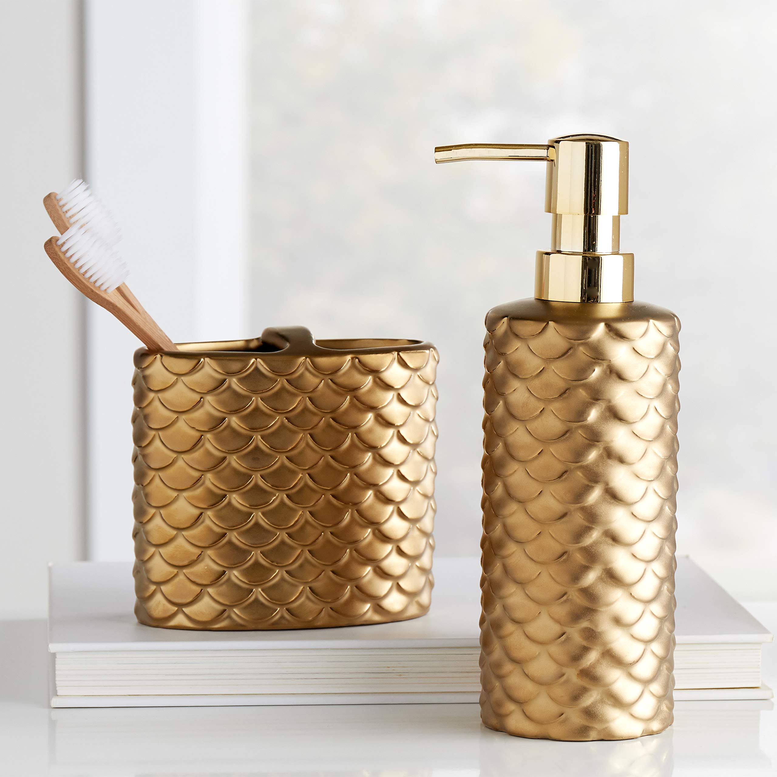 SKL Home Gold Koi Toothbrush Holder - Ceramic Bathroom Organizer for Toothbrushes & Dental Care - Perfect for Modern Bathroom, Spa, or Guest Room Decor