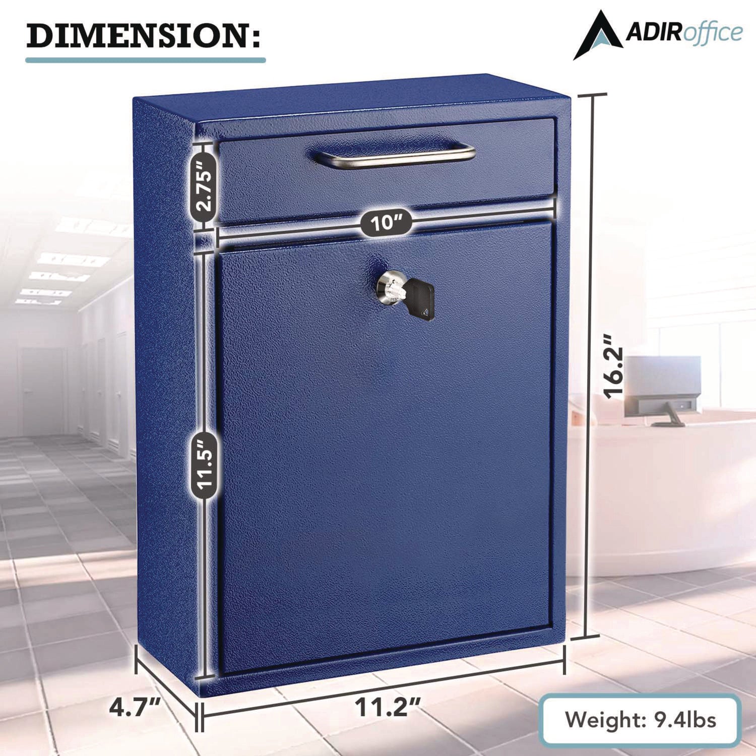 AdirOffice Large Wall Mounted Secure Drop Box - 11.2 x 4.7 x 16.2 Inch Blue Mailbox for Home & Office - Perfect for Package Delivery, Mail Collection and Secure Document Storage