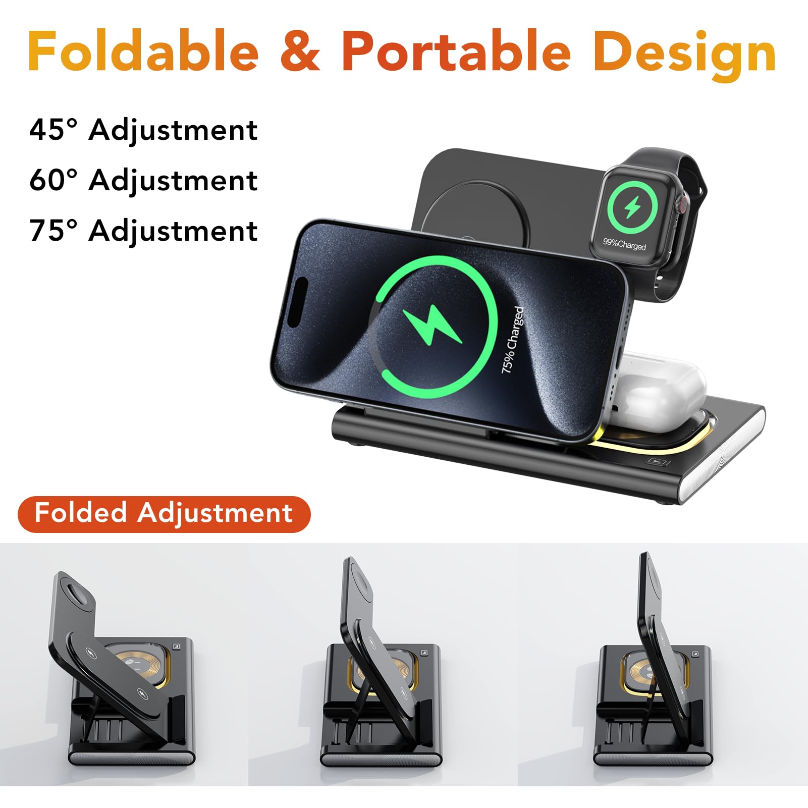 3-in-1 Foldable Wireless Charging Station for iPhone 16/15/14/13/12/11 Series, Apple Watch & AirPods 4/3/2/Pro/Pro 2 - Multi-Device Fast Charger with Night Light (Black) | Perfect for Bedside, Office & Travel Charging
