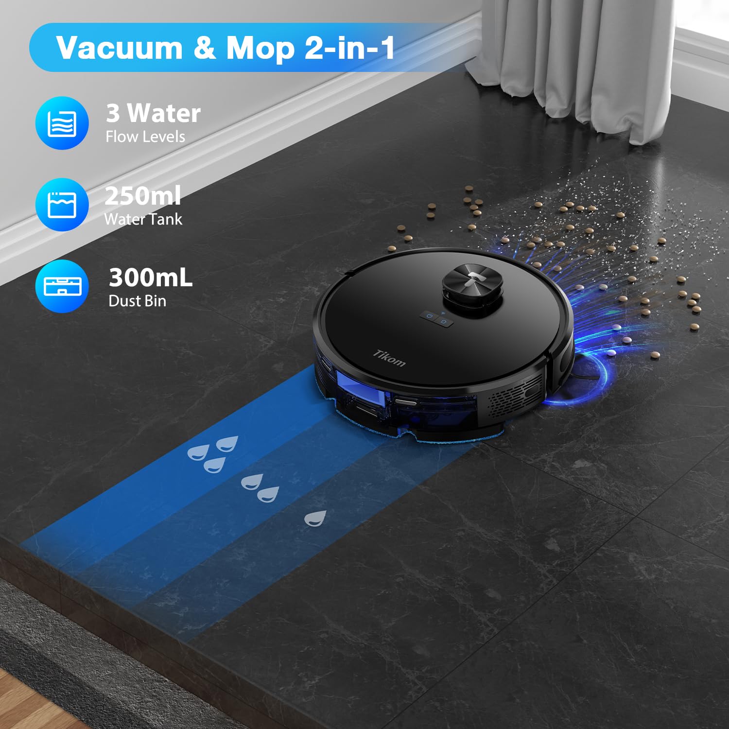 Tikom L9000 Plus Robot Vacuum and Mop Combo with Self-Emptying Base, 60-Day Dustbin Capacity, LiDAR Navigation & Smart Mapping, 4000Pa Strong Suction, 150 Mins Runtime, WiFi/App Control - Ideal for Pet Hair, Hardwood Floors & Carpets in Large Homes
