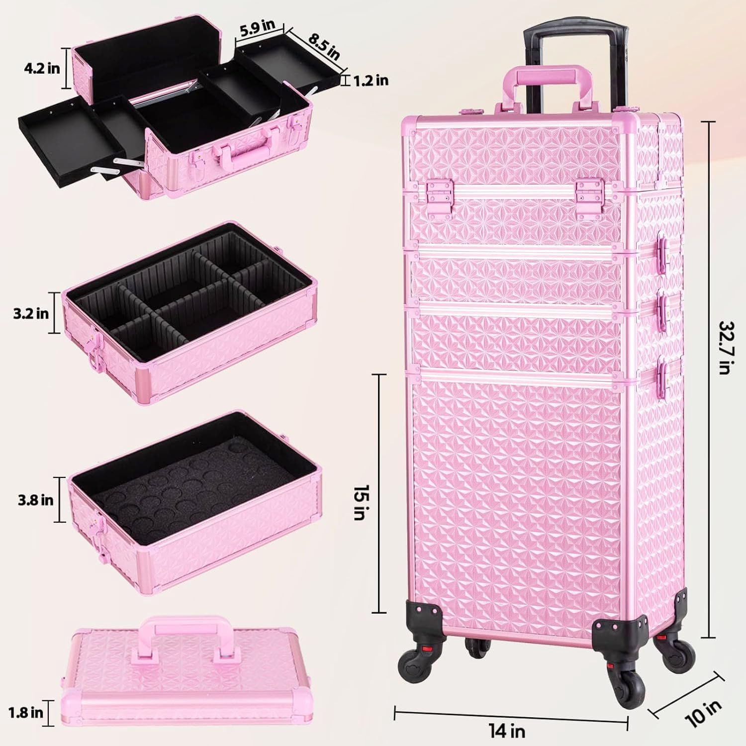 AROUS 5-in-1 Professional Aluminum Makeup Train Case with 360° Swivel Wheels - Extra Large Rolling Cosmetic Organizer for Travel & Salon Use (Pink) | Perfect for Makeup Artists, Beauty Professionals & On-the-Go Stylists