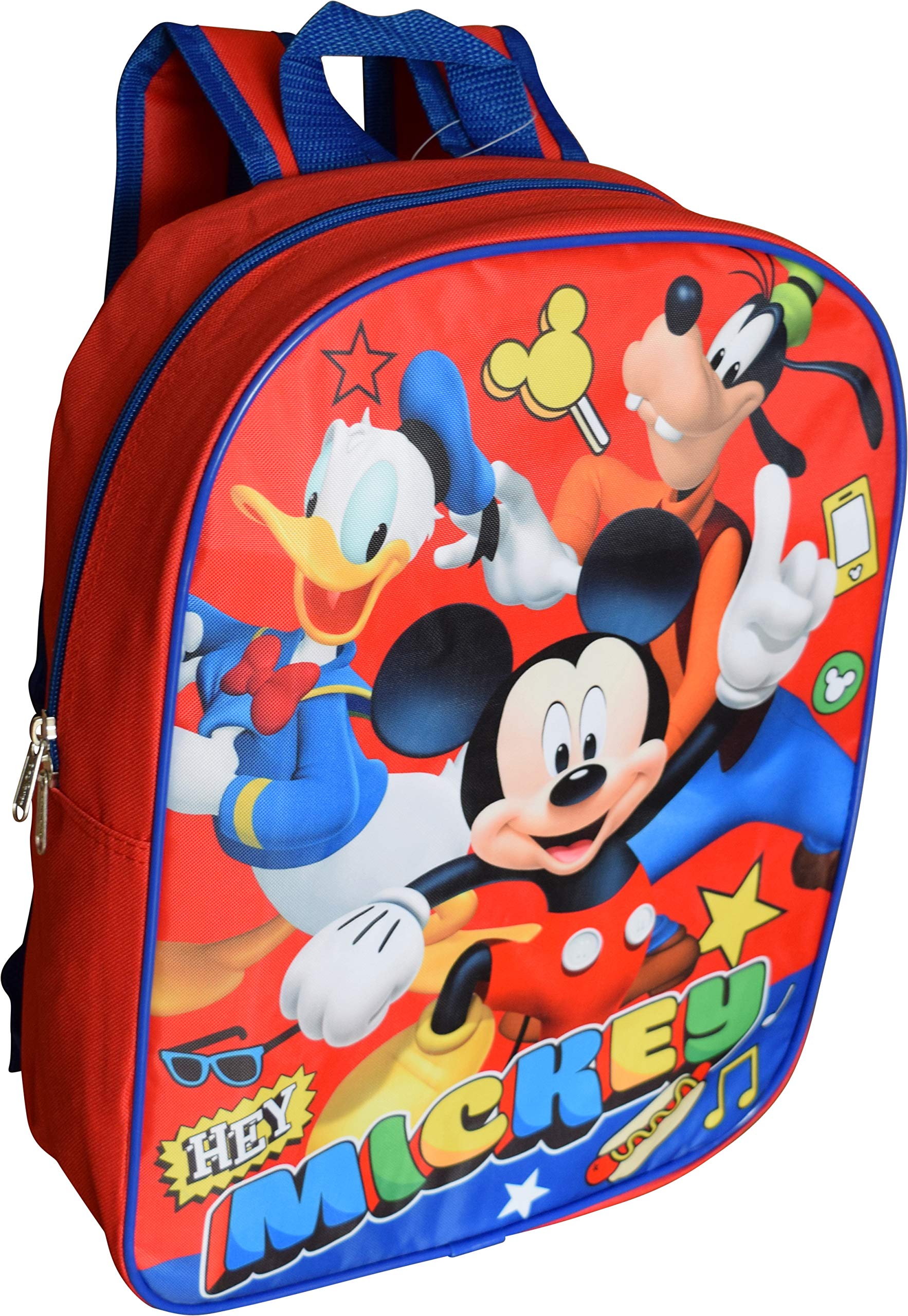 Mickey Mouse 15 Inch Kids Backpack for School - Red and Blue Disney Character Backpack - Perfect for Elementary Students, Daycare & Disney Theme Parks