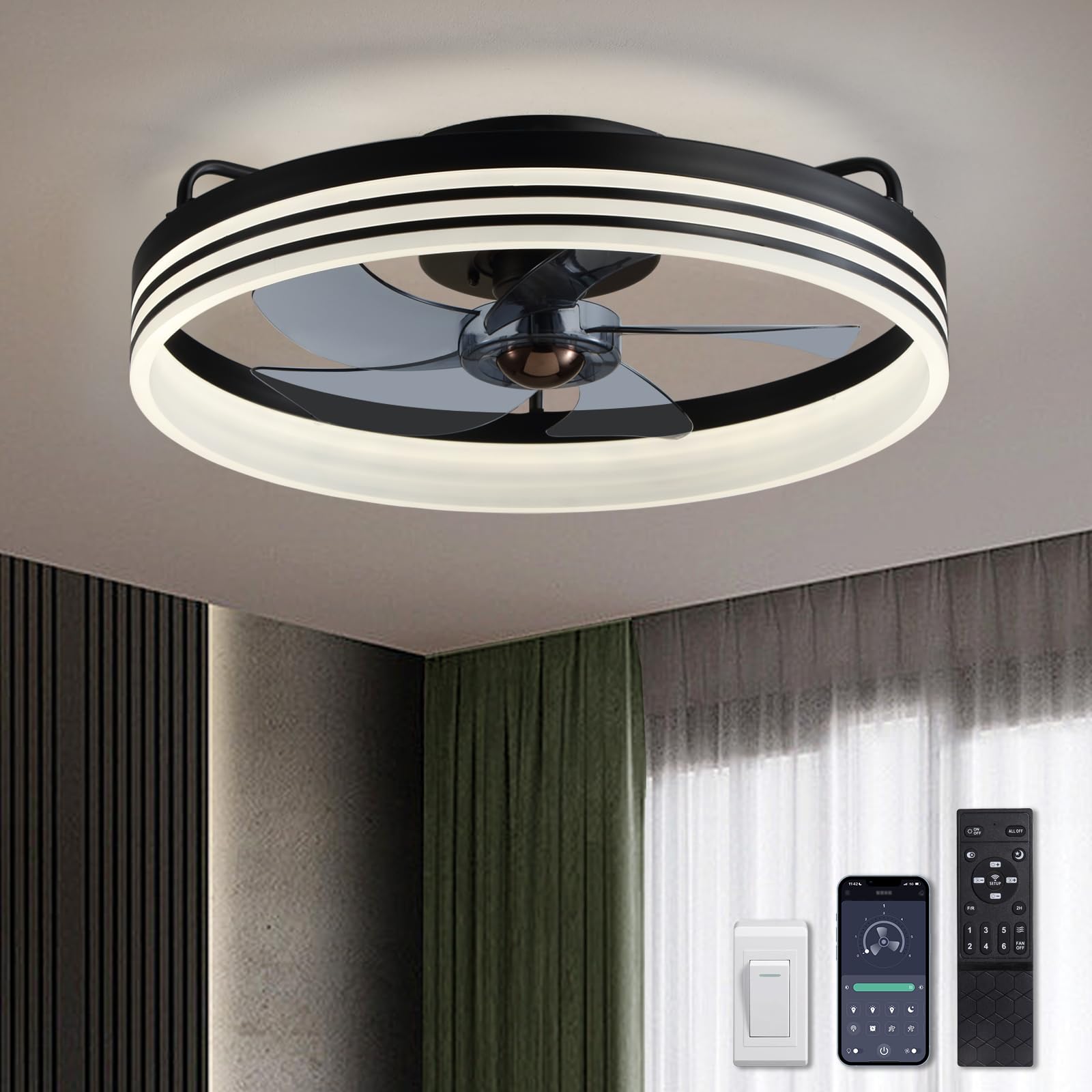 Smart Flush Mount Ceiling Fan with LED Lights & Remote Control - 6 Speed Low Profile 20