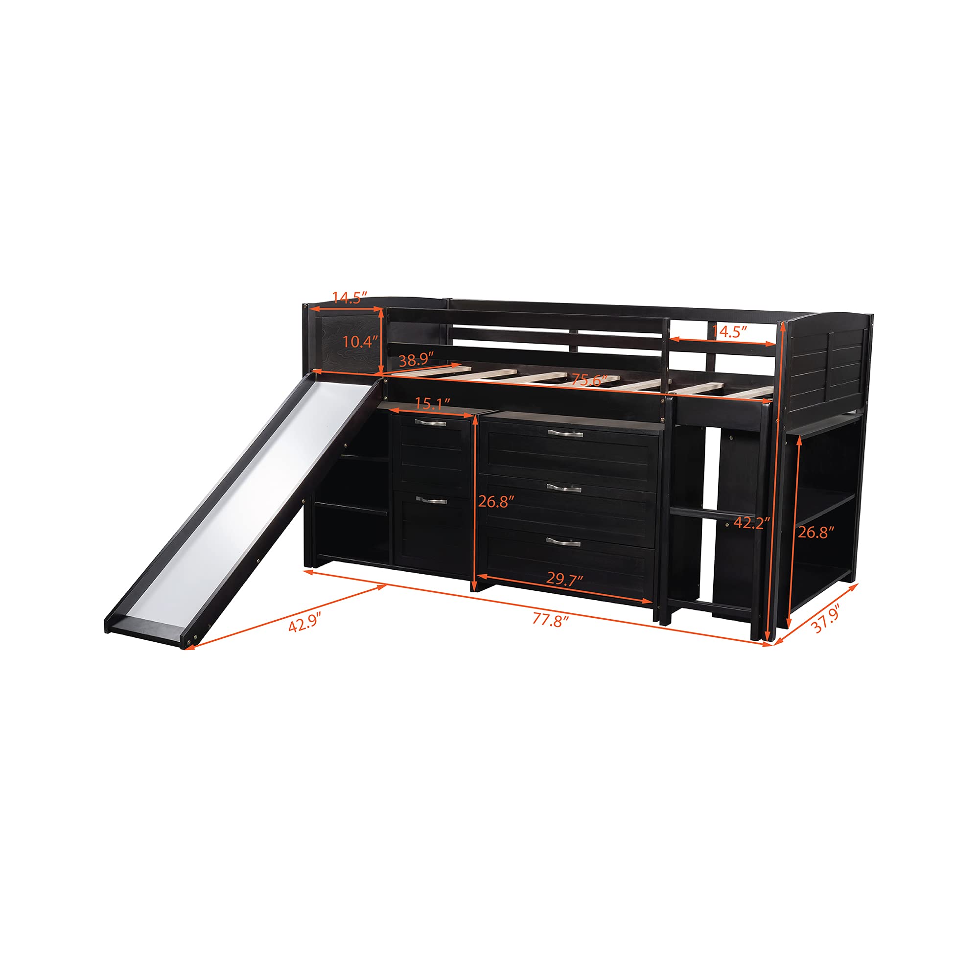 **Harper & Bright Designs Solid Wood Twin Low Loft Bed with Slide, Cabinets & Shelves – Espresso – Kids Bedroom Furniture for Boys & Girls – Perfect for Small Spaces & Playrooms**