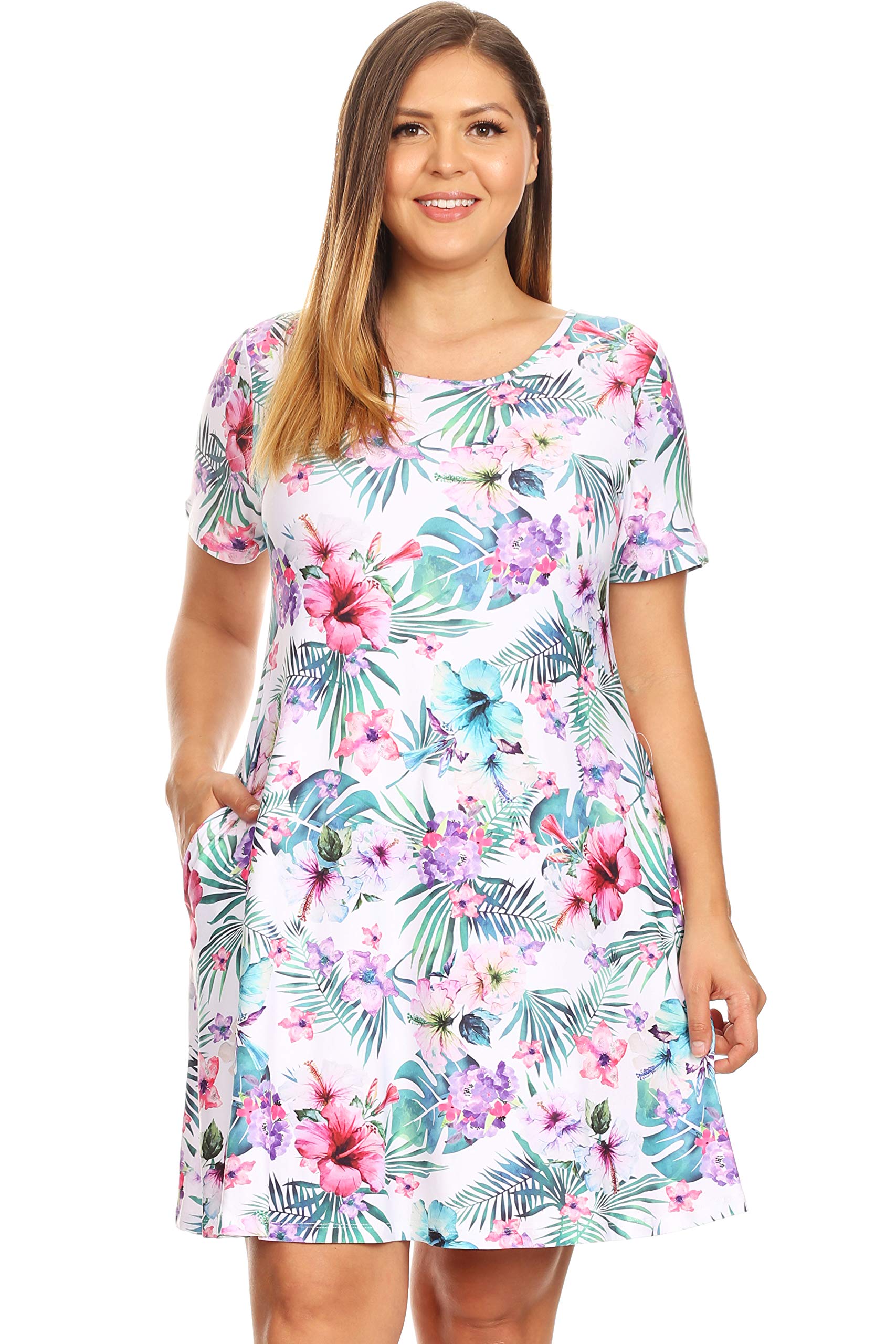 ICONOFLASH Women's Floral Print Casual Summer Dress with Pockets - Short Sleeve Comfortable A-Line Sundress for Beach, Vacation & Daily Wear
