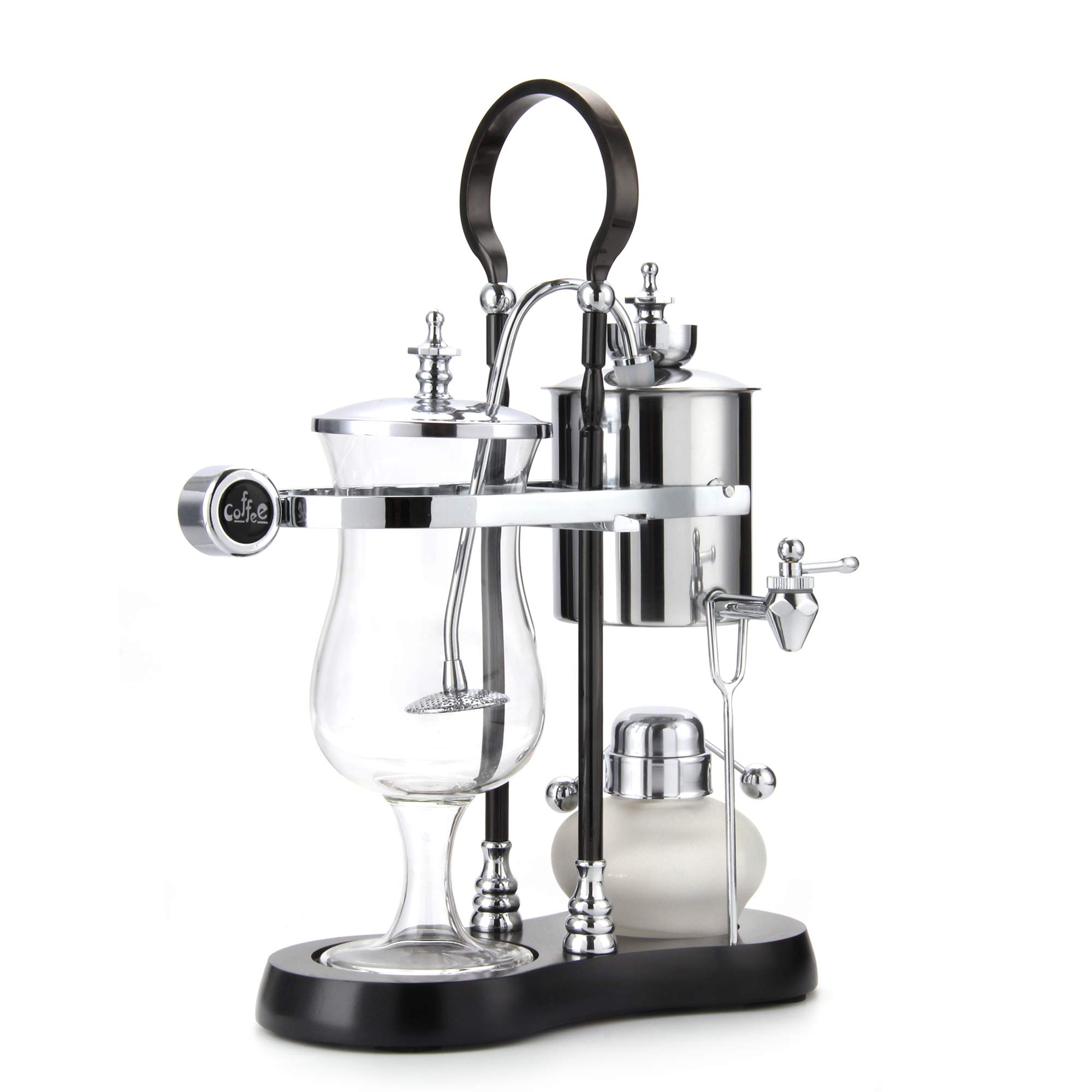 Premium Belgian Royal Family Balance Syphon Coffee Maker - Silver & Black Column with Round Handle - Elegant Siphon Brewer for Home, Office & Specialty Coffee Shops
