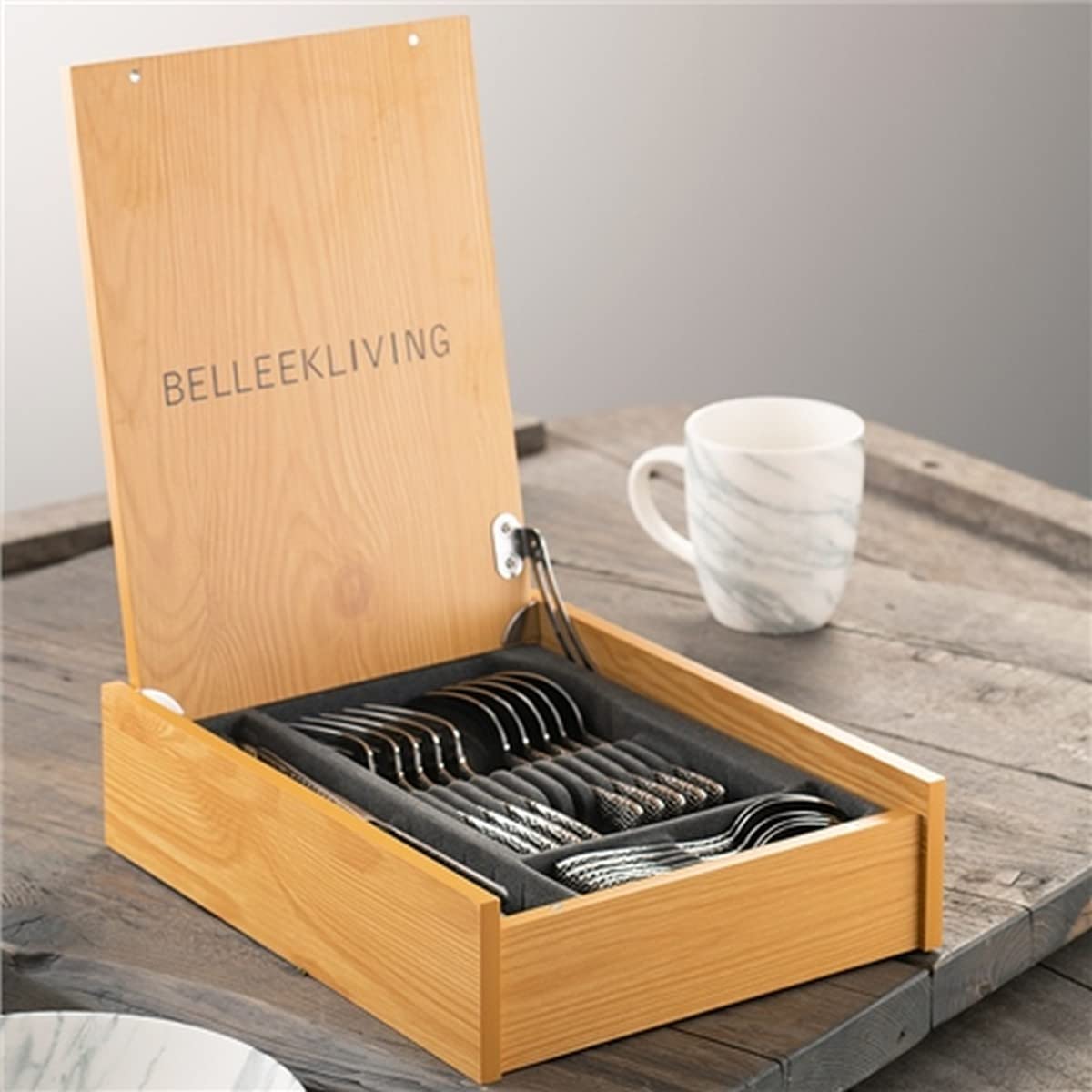 Belleek Nordica 24-Piece Stainless Steel Flatware Set - Premium 18/10 Cutlery Set with Wooden Organizer - Dishwasher Safe Silverware for Dining, Wedding Gifts & Home Decor