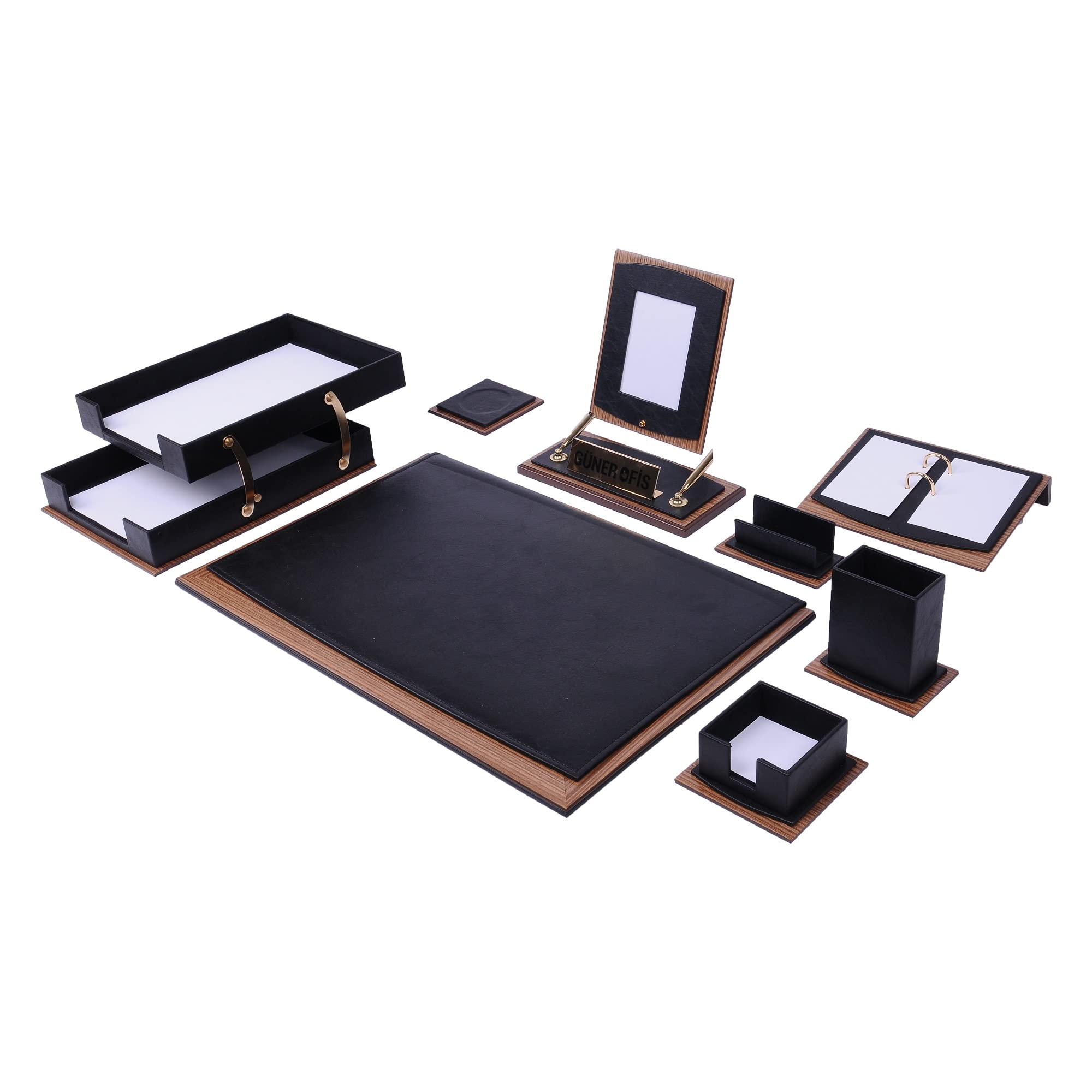 Premium 11-Piece Leather Desk Organizer Set with Walnut Wood Base - Office & Home Desk Accessories for Pens, Notebooks & Stationery | Perfect for Executive Desks, Home Offices & Workspace Organization