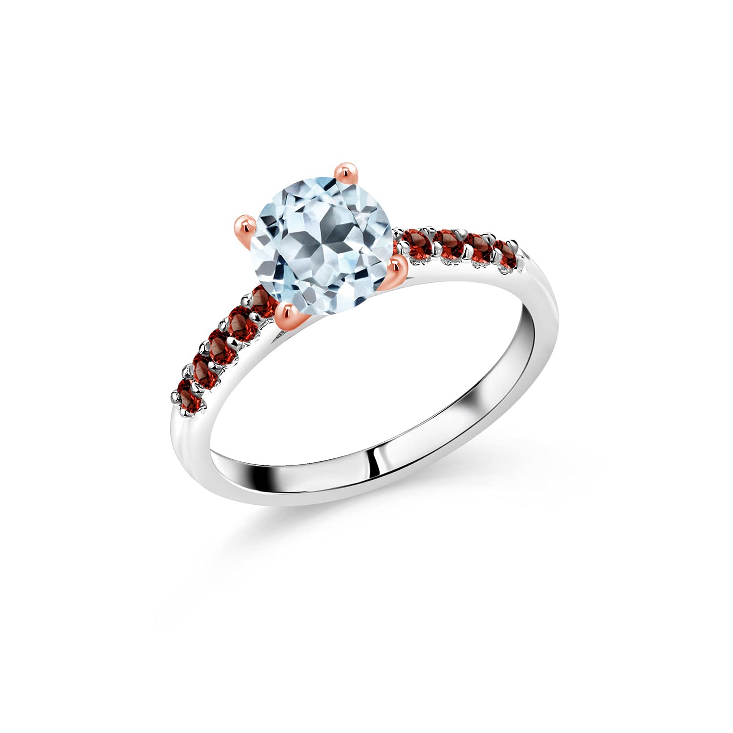 2.18 Ct Natural Sky Blue Topaz & Red Garnet 10K White Gold Ring with Rose Gold Prongs - Elegant Birthstone Jewelry for Women, Perfect for Anniversary, Engagement & Special Occasion Gifts