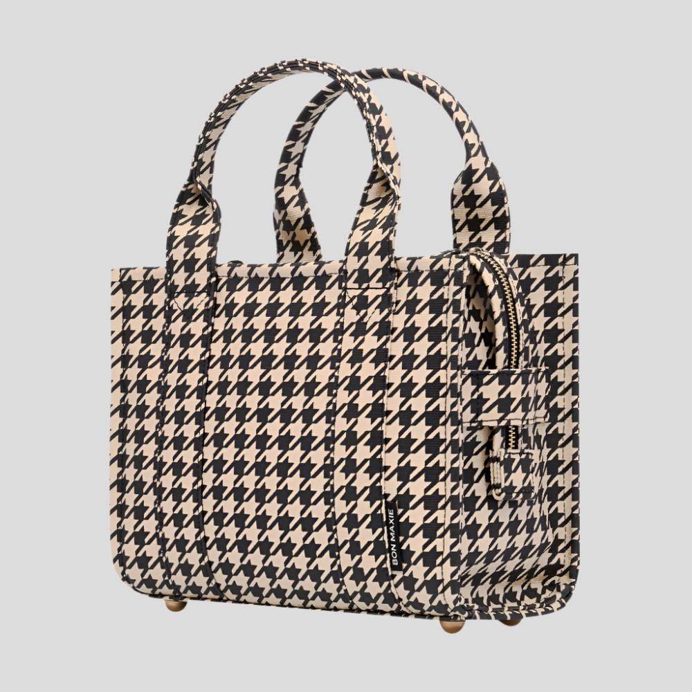Micro Bon Vivant Structured Tote Bag - Black Houndstooth Pattern Handbag for Women | Stylish Work Bag, Travel Tote & Everyday Purse for Office, Shopping & Commute