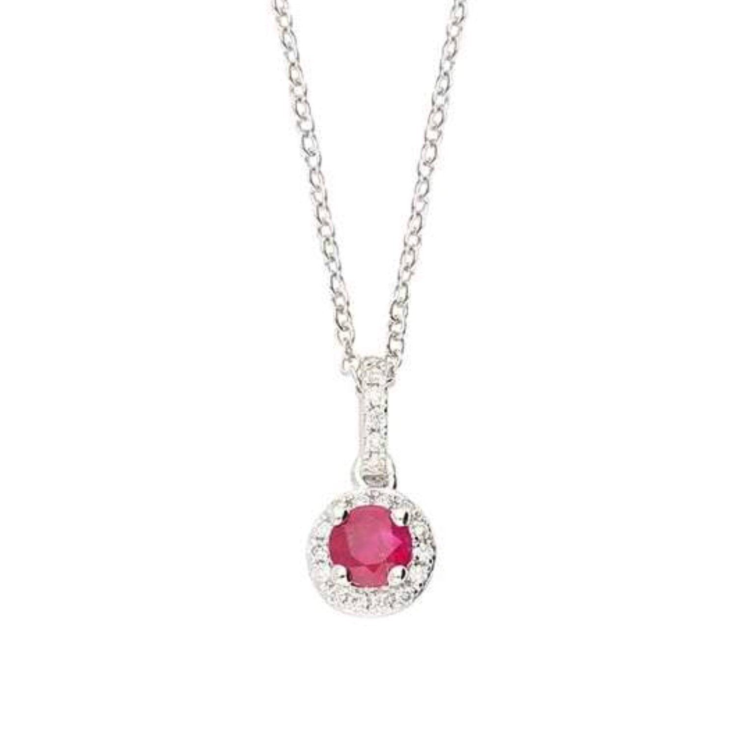 18ct White Gold Ruby and Diamond Halo Pendant Necklace – Elegant Jewelry for Women, Perfect for Weddings, Anniversaries & Special Occasions