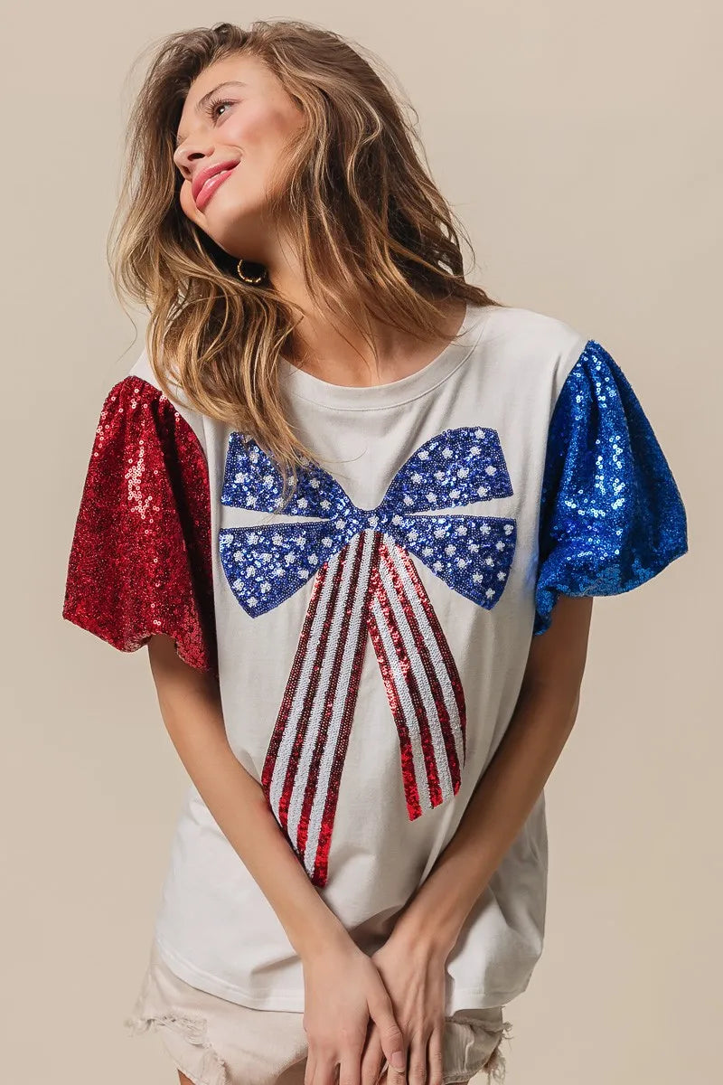 BiBi Sequin American Flag Bow Top - Patriotic Glamour for Women | Perfect for 4th of July, Independence Day & USA Themed Parties