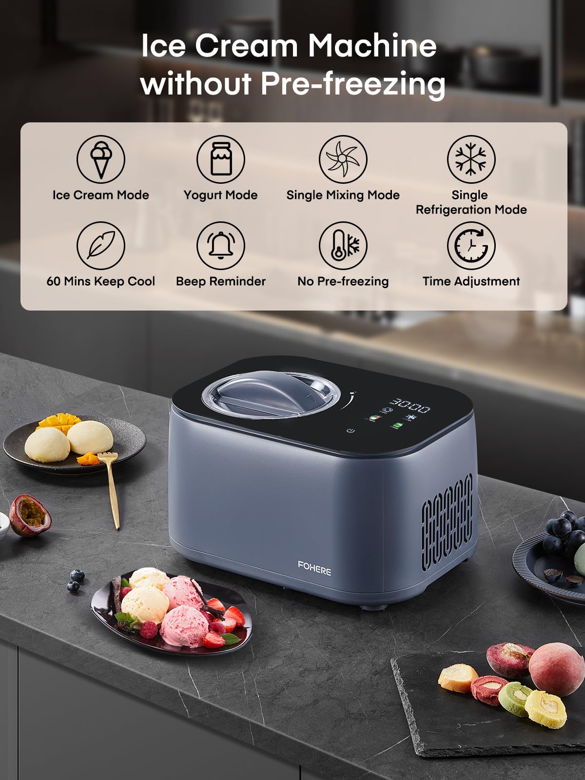 1.2-Quart Automatic Ice Cream Maker with Compressor - No Pre-Freezing, 4 Modes, LCD Display & Timer - Perfect for Homemade Gelato, Frozen Yogurt, Sorbet - Ideal for Parties, Family Gatherings, and Summer Treats