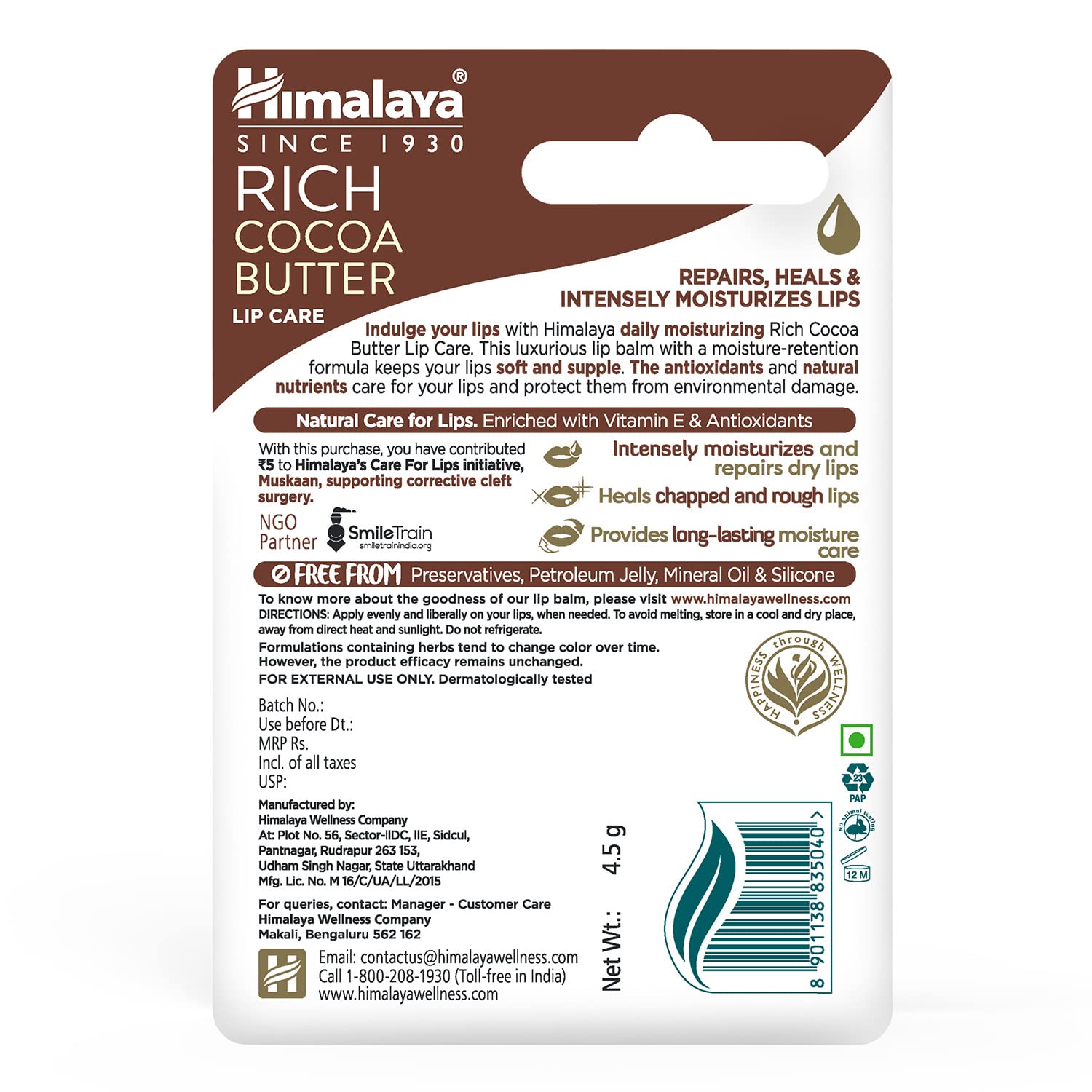 Himalaya Rich Cocoa Butter Lip Balm - 4.5g Ultra Moisturizing Lip Care for Dry, Chapped Lips - Perfect for Winter, Travel & Daily Hydration