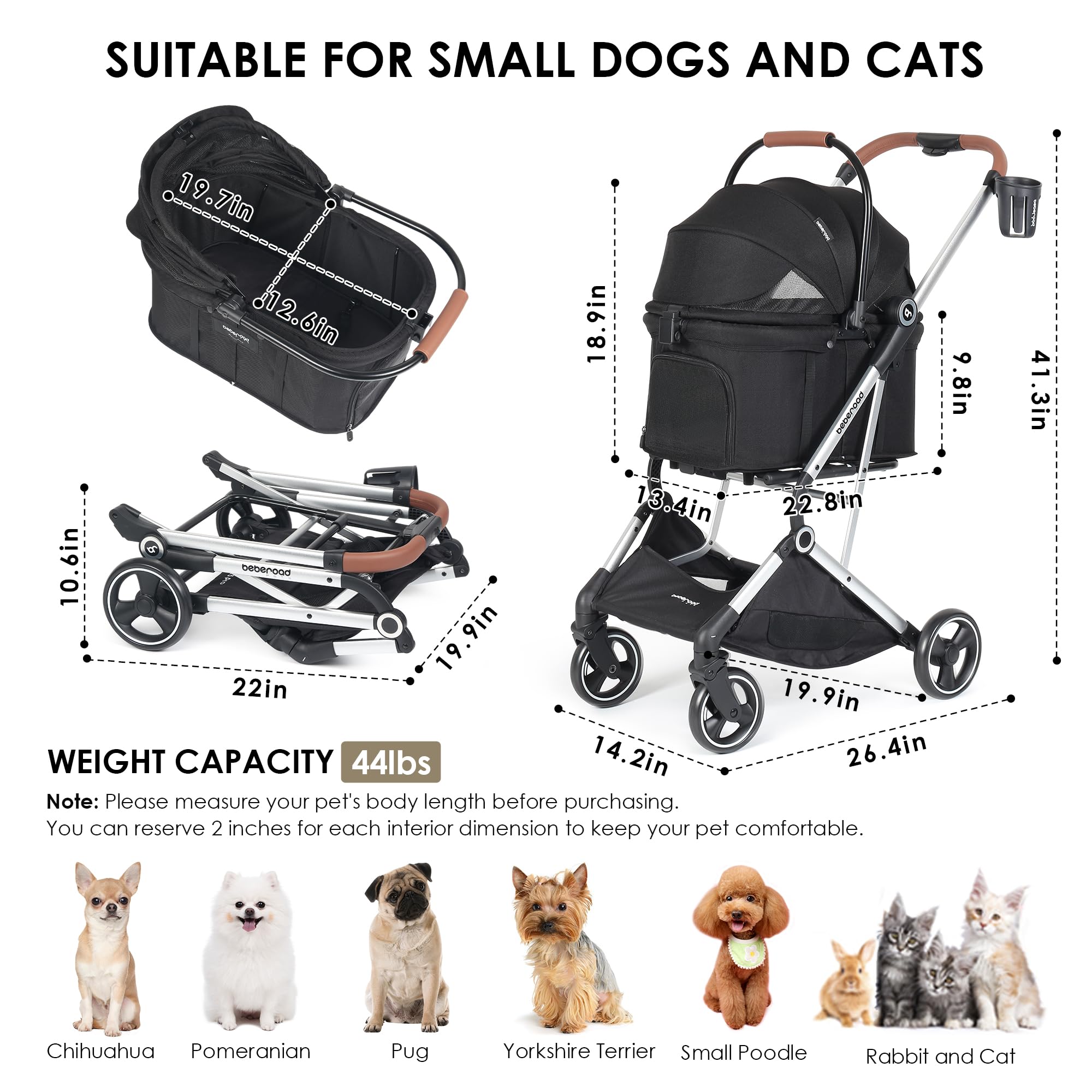 T3 Pro 3-in-1 Small Pet Stroller for Dogs & Cats - 4-Wheel Lightweight Travel Carrier with Removable Pad, Canopy & Cup Holder - Perfect for Walking, Shopping & Vet Visits (Black)