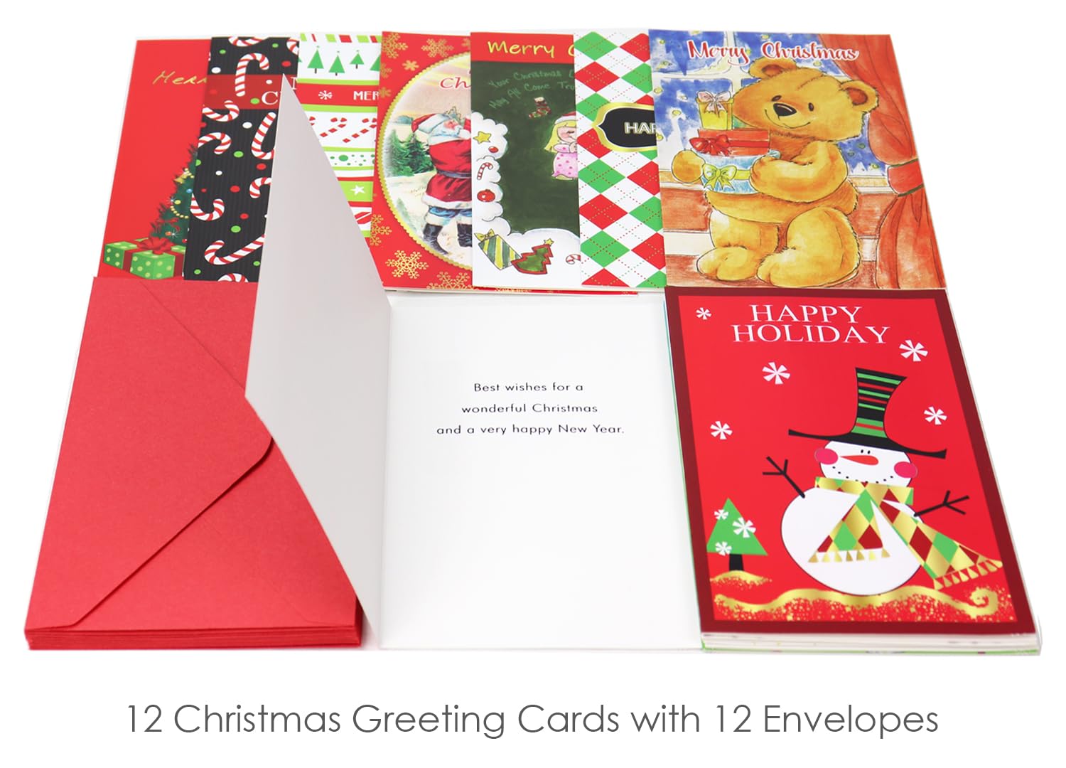 Christmas Gift Bags Set with Greeting Cards - 12 Pack (4 XL, 4 Medium, 4 Small Bags + 12 Cards & Envelopes) - Holiday Party Favors, Xmas Present Wrapping, Office Gift Exchange, Secret Santa Supplies