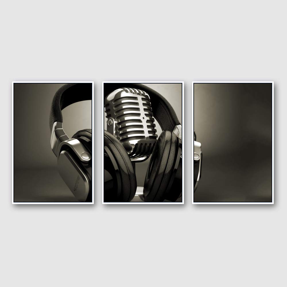 IDEA4WALL Framed Canvas Wall Art - 16x24 Inch 3-Panel Microphone Print for Modern Home Decor | Ready to Hang Living Room & Bedroom Wall Decor | Perfect for Music Lovers & Studio Style Interior Design