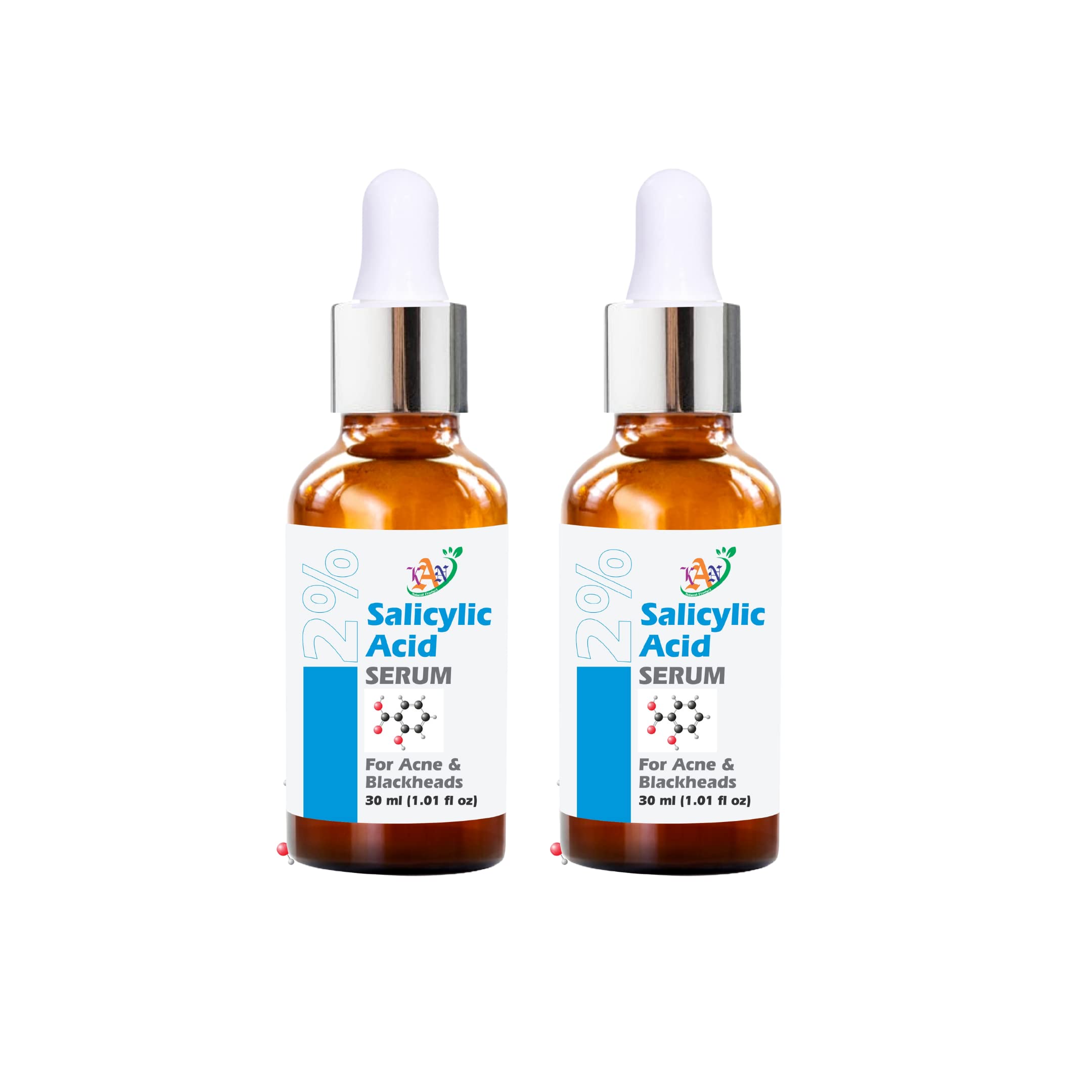 Kan Natural 2% Salicylic Acid Serum for Acne Treatment - BHA Exfoliant for Blackheads, Open Pores & Oily Skin - Reduces Excess Oil & Bumpy Texture - 30ml (Pack of 2) - Perfect for Daily Skincare Routine & Acne-Prone Skin Care