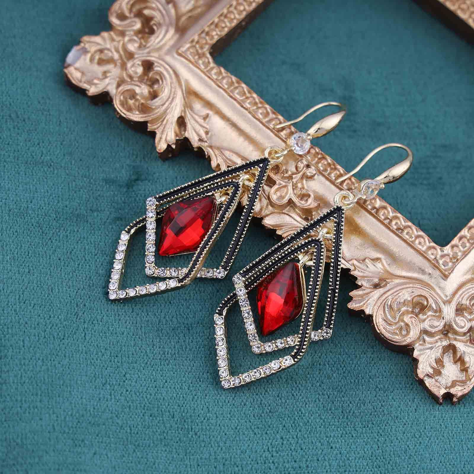 Bohemian Ruby Crystal Dangle Earrings - Gold Hollow Square Drop Earrings with Red CZ Stones, Rhinestone Geometric Hook Earrings for Women | Elegant Jewelry Gift for Girls, Perfect for Parties, Weddings & Special Occasions