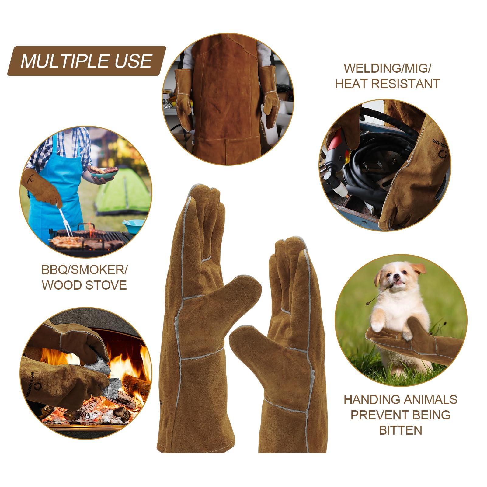 KOP&WDHOM 14 Inch Heat Resistant Leather Welding Gloves - Fireproof Work Gloves for MIG TIG Stick Welding, Forging, BBQ, Oven, Grill, Fireplace & Stove Use - Heavy Duty Protection for Metalworking, Cooking & Fireplace Maintenance