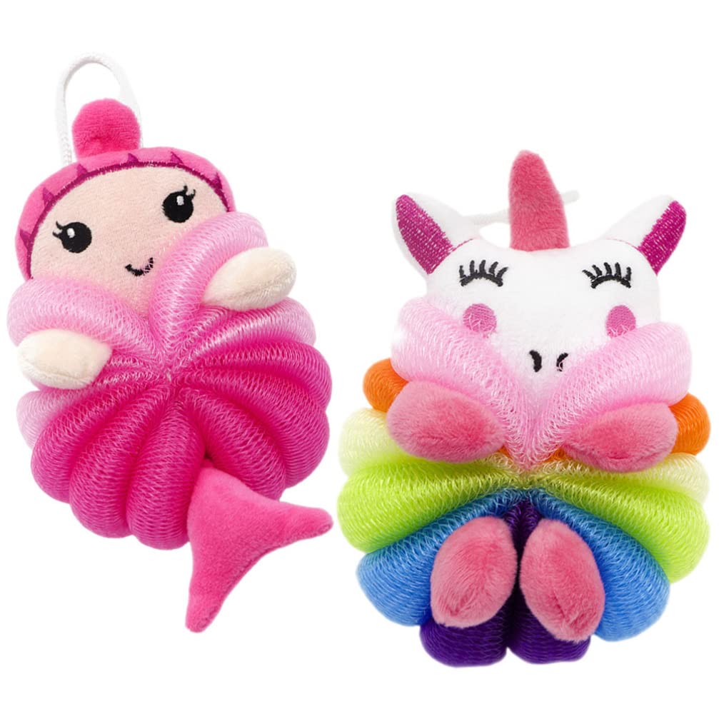 Kisangel 2-Pack Kids Bath Sponge Set - Cute Animal Shower Pouf & Exfoliating Mesh Ball for Gentle Baby Body Wash | Soft Bath Sponges for Toddler Bubble Bath & Sensitive Skin Care