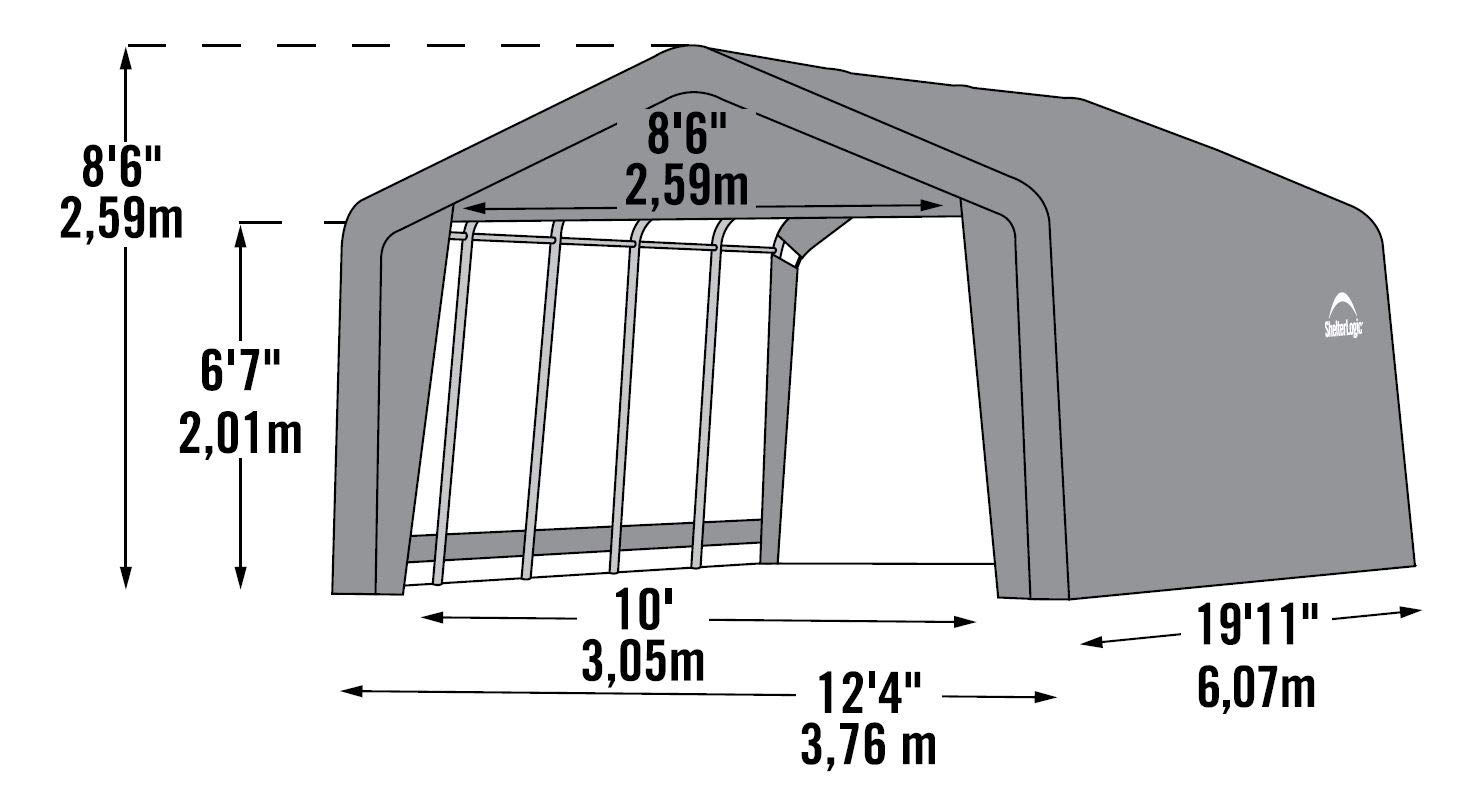ShelterLogic Peak Style 12x20x8 ft Portable Garage Storage Shelter - Heavy Duty Weatherproof Grey Cover for Car, Boat & Outdoor Equipment Protection