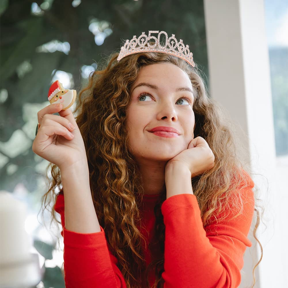 50th Birthday Tiara & Sash Set - Rose Gold Women's 50th Birthday Party Crown & Decorations | Perfect 50th Birthday Gift for Women | Great for Milestone Birthday Celebrations, Photo Shoots & Special Occasions