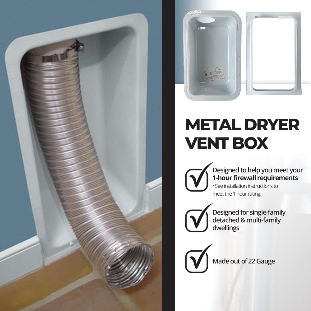 DBX1000M Metal Dryer Vent Box with Snap-on Trim Ring - Recessed Dryer Vent Box for 2x4 Walls - Up or Down Venting - Perfect for Laundry Rooms, Basements & Tight Spaces