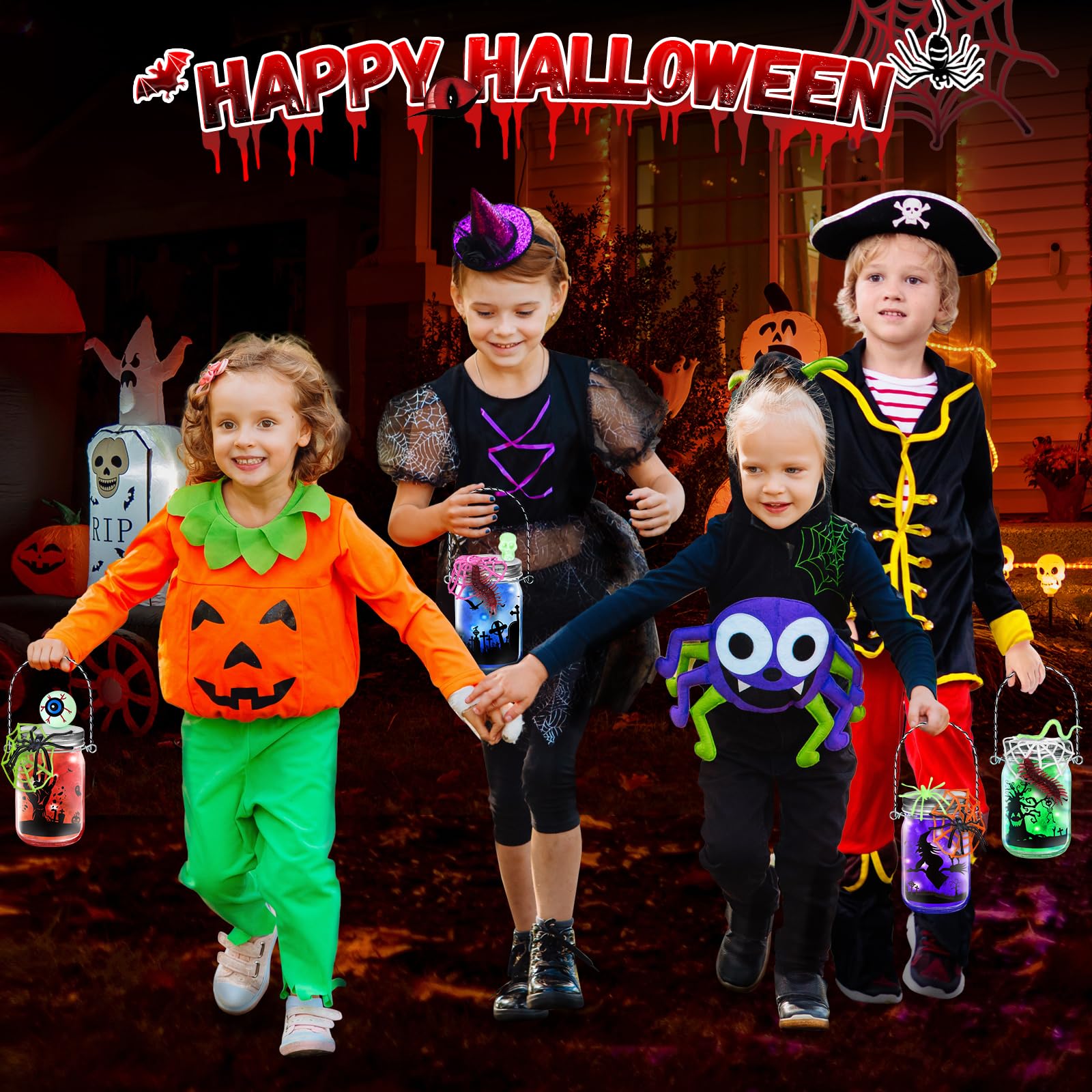SpringFlower Halloween Craft Kit - 4 Pack Mason Jar Lanterns DIY Supplies for Kids & Adults | Creative Art Activities, Party Decorations & Spooky Home Decor