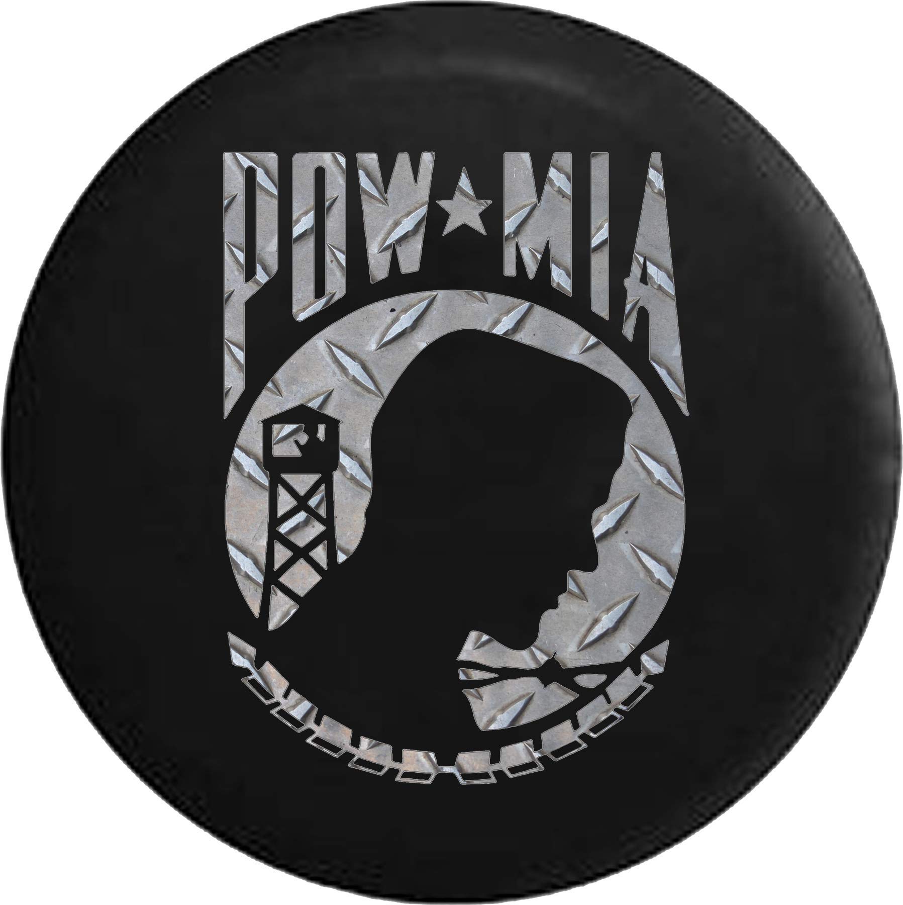 Black Steel Diamond Plate Tire Cover - POW MIA Veteran Military Design - 31 Inch for Trucks, SUVs & Jeeps - Durable Off-Road Protection & Patriotic Style
