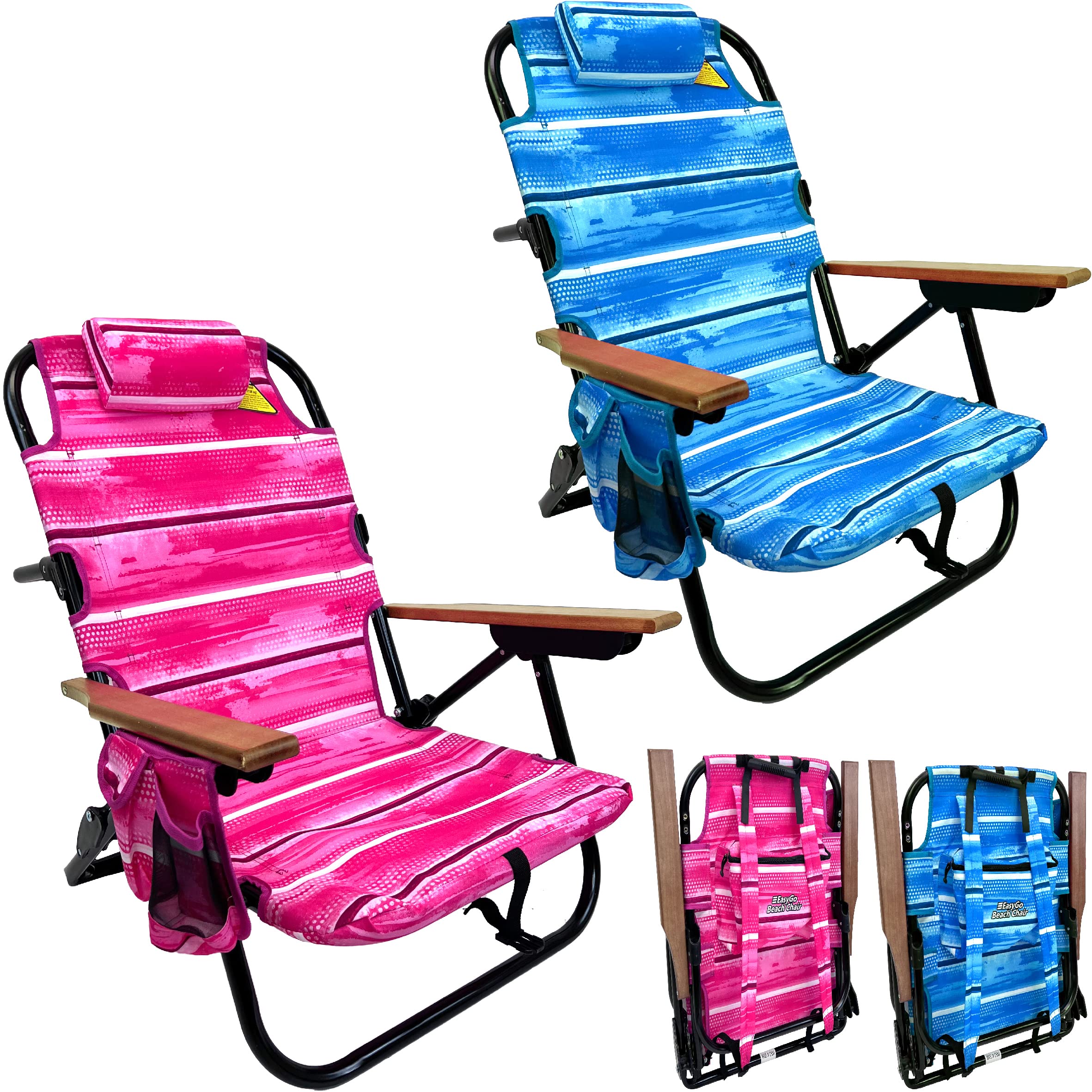 EasyGo 5-Position Adjustable Beach Chair with Side Cup Holder, Padded Pillow & Storage Bag - Lightweight Rustproof Aluminum Frame (Black, 2-Pack Pink & Blue) - Perfect for Beach, Camping, Picnics & Outdoor Relaxation