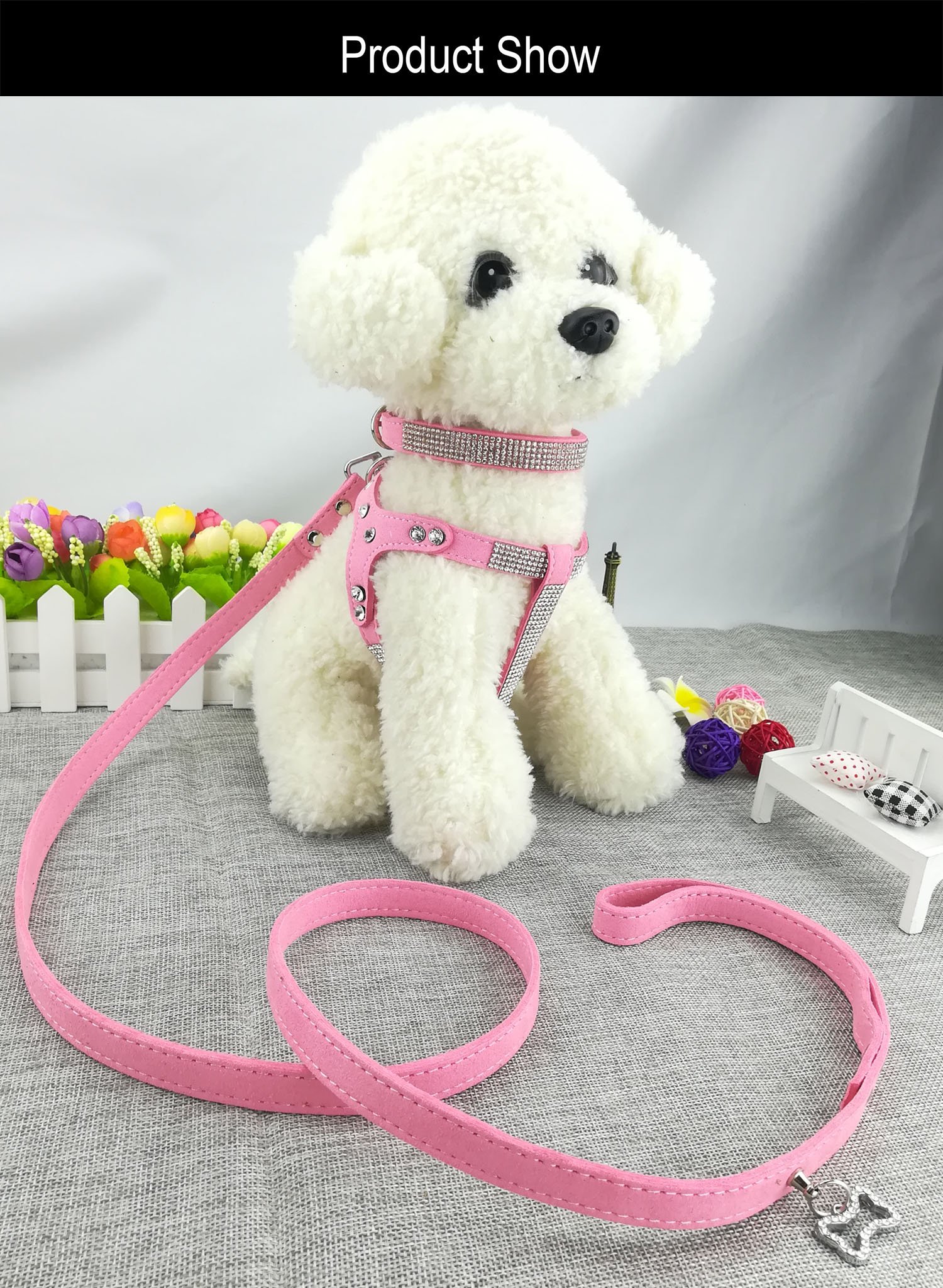 Fashionable Pink Diamante Dog Collar, Harness & Leash Set - Soft & Comfortable XS Pet Accessories for Small Dogs - Perfect for Daily Walks, Training & Outdoor Adventures